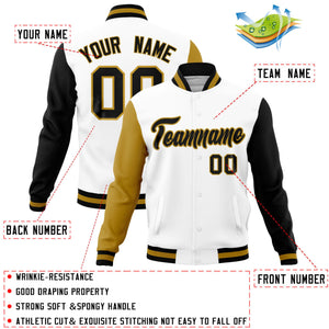 Custom White Black-Old Gold Raglan Sleeves Varsity Full-Snap Letterman Jacket