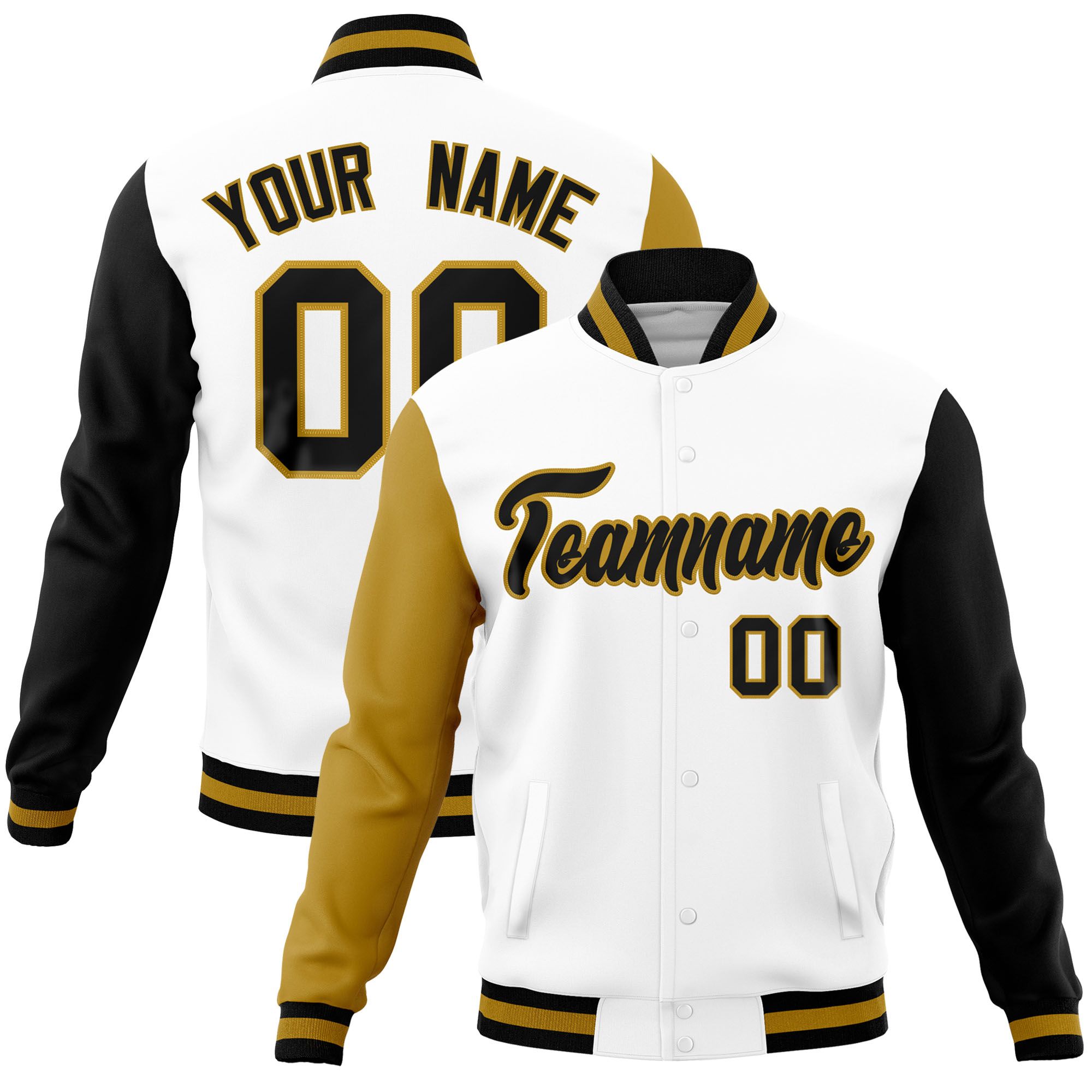 Custom White Black-Old Gold Raglan Sleeves Varsity Full-Snap Letterman Jacket