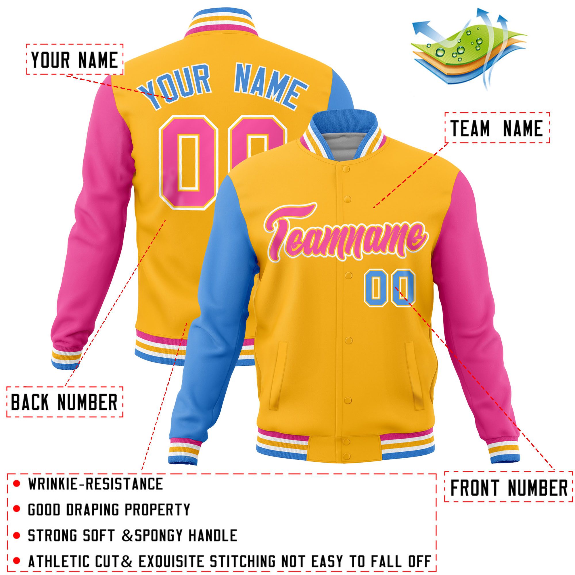 Custom Gold Pink-Powder Blue Raglan Sleeves Varsity Full-Snap Letterman Jacket