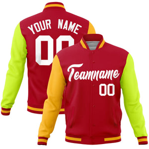 Custom Red Neon Green-Gold Raglan Sleeves Varsity Full-Snap Letterman Jacket