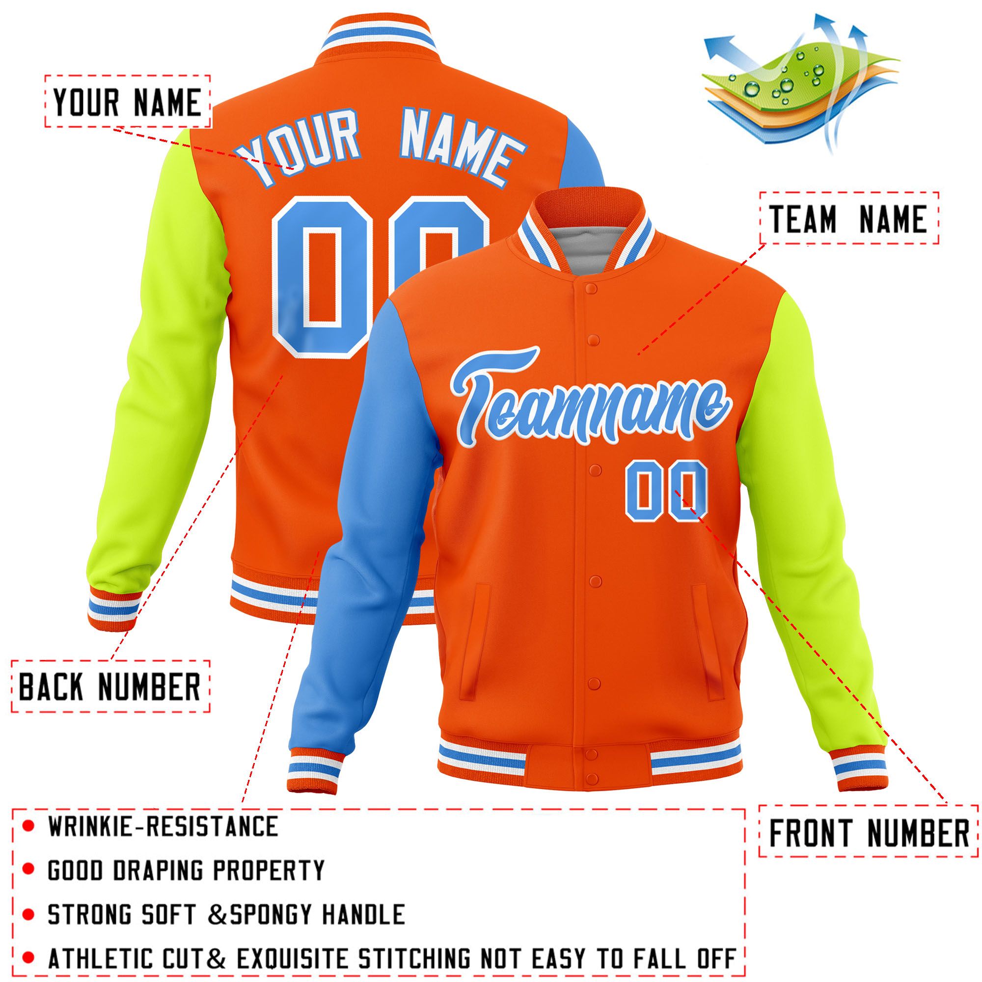 Custom Orange Neon Green-Powder Blue Raglan Sleeves Varsity Full-Snap Letterman Jacket