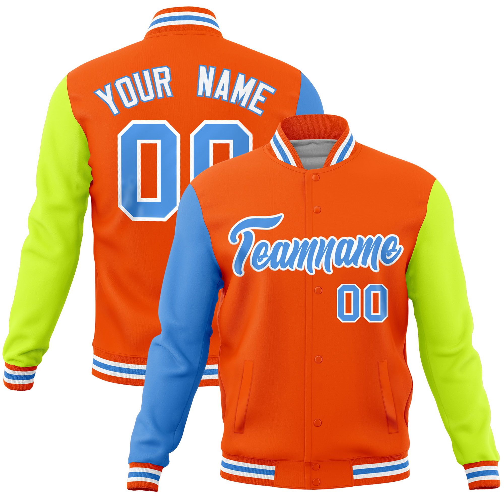 Custom Orange Neon Green-Powder Blue Raglan Sleeves Varsity Full-Snap Letterman Jacket