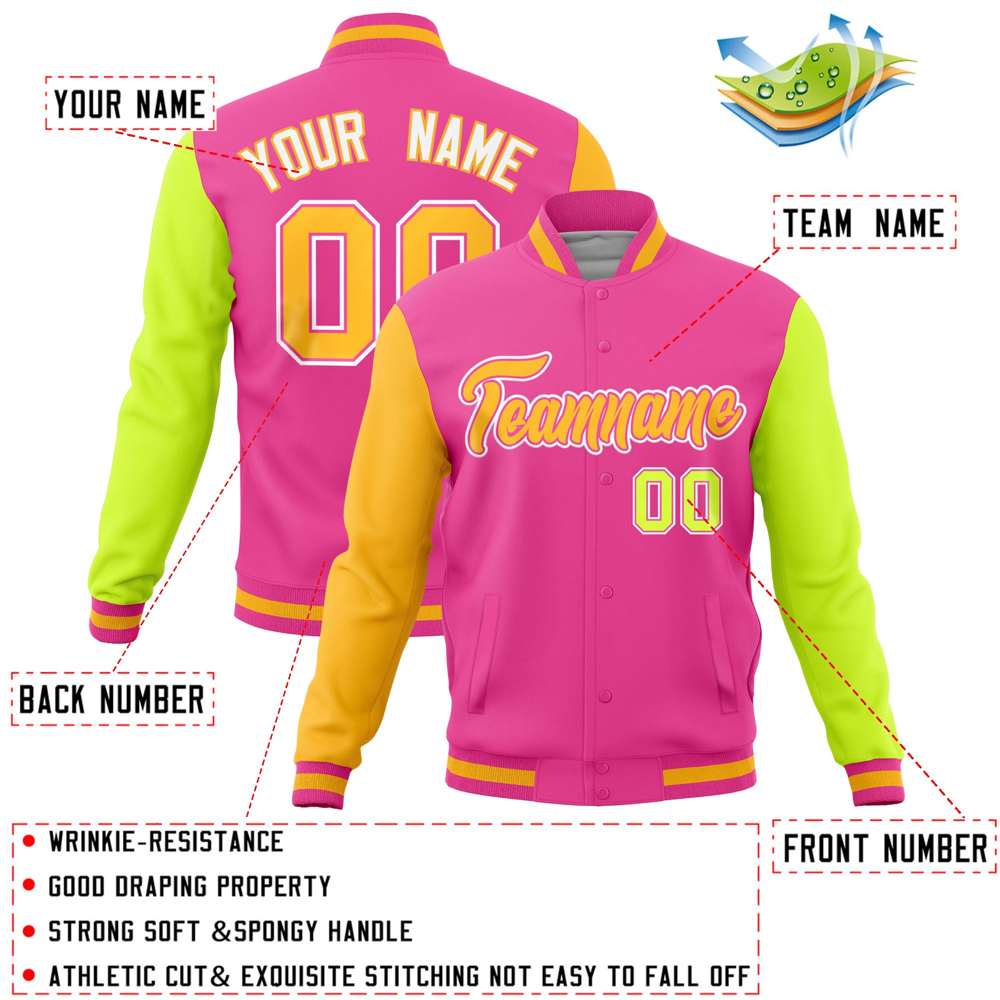 Custom Pink Neon Green-Gold Raglan Sleeves Varsity Full-Snap Letterman Jacket