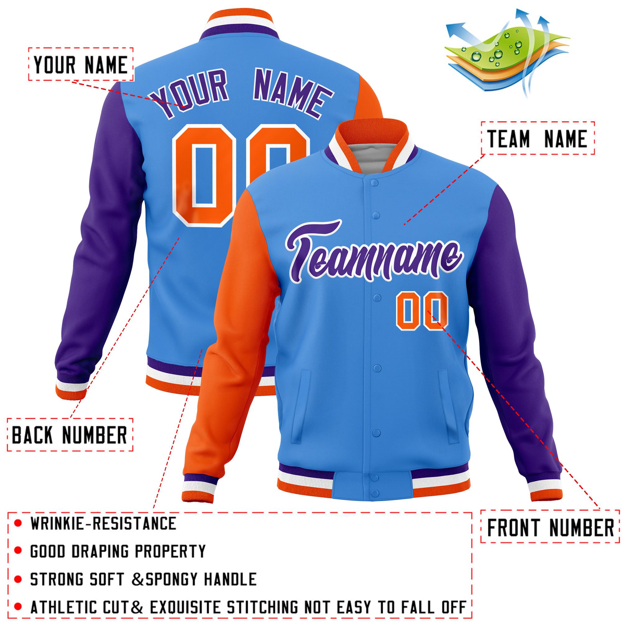 Custom Powder Blue Purple-Orange Raglan Sleeves Varsity Full-Snap Letterman Jacket