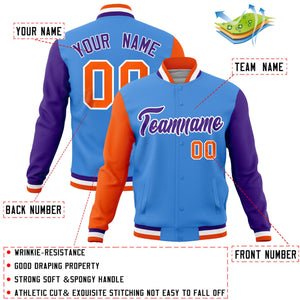 Custom Powder Blue Purple-Orange Raglan Sleeves Varsity Full-Snap Letterman Jacket