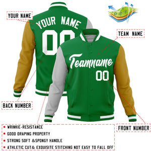 Custom Kelly Green Old Gold-Gray Raglan Sleeves Varsity Full-Snap Letterman Jacket