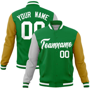 Custom Kelly Green Old Gold-Gray Raglan Sleeves Varsity Full-Snap Letterman Jacket