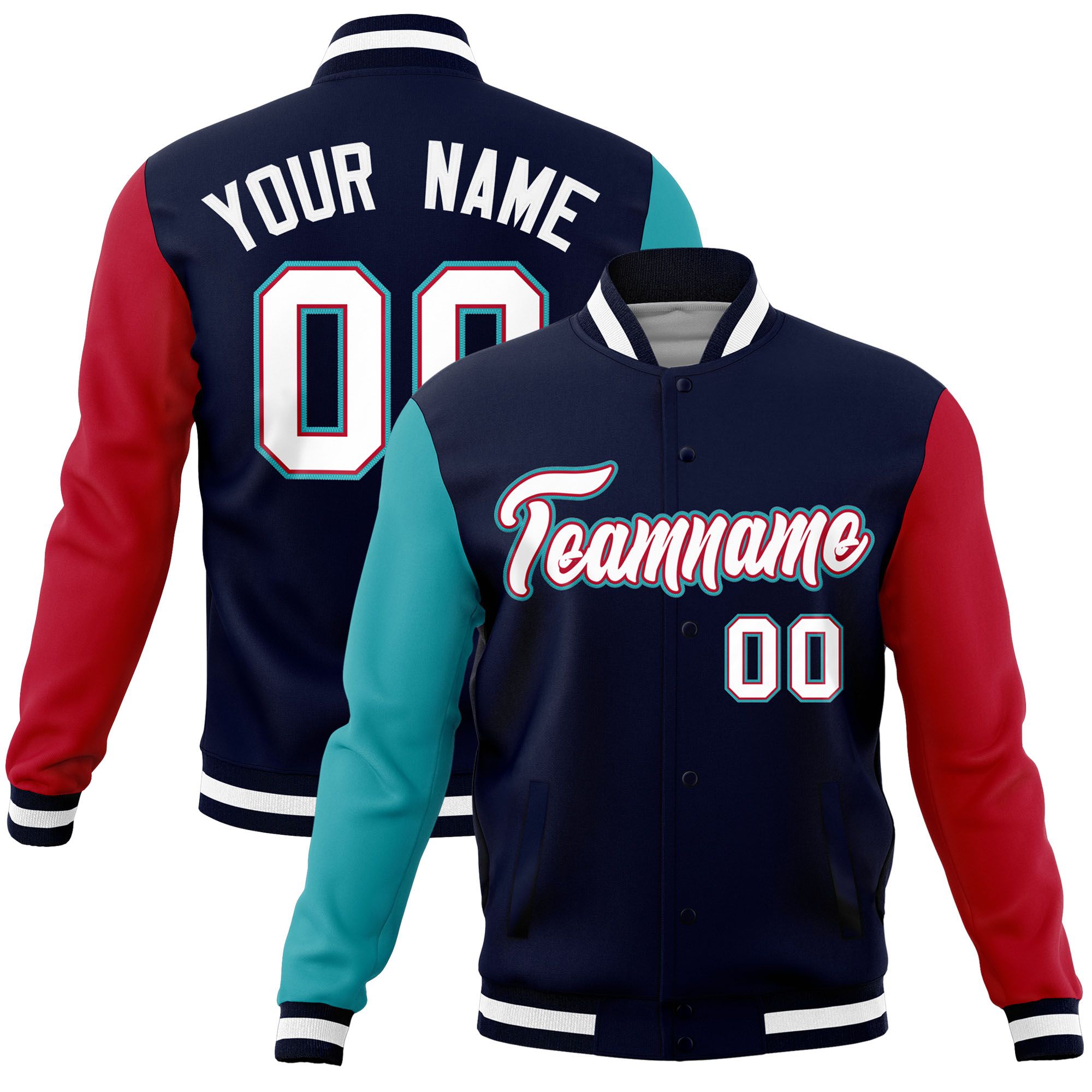 Custom Navy Red-Aqua Raglan Sleeves Varsity Full-Snap Letterman Jacket