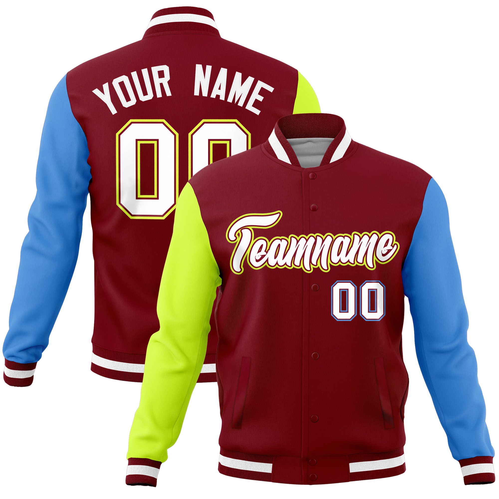 Custom Crimson Powder Blue-Neon Green Raglan Sleeves Varsity Full-Snap Letterman Jacket