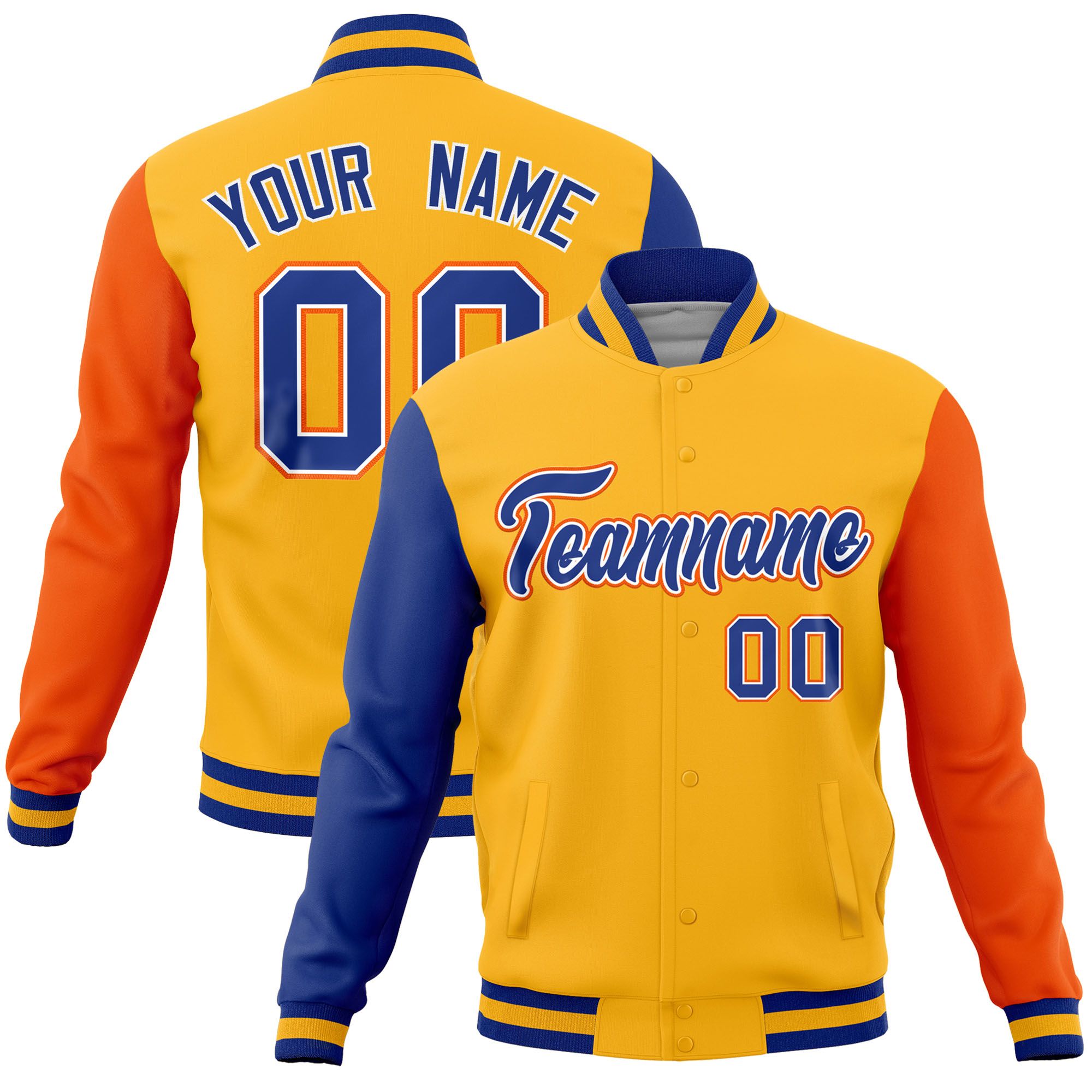 Custom Gold Orange-Royal Raglan Sleeves Varsity Full-Snap Letterman Jacket