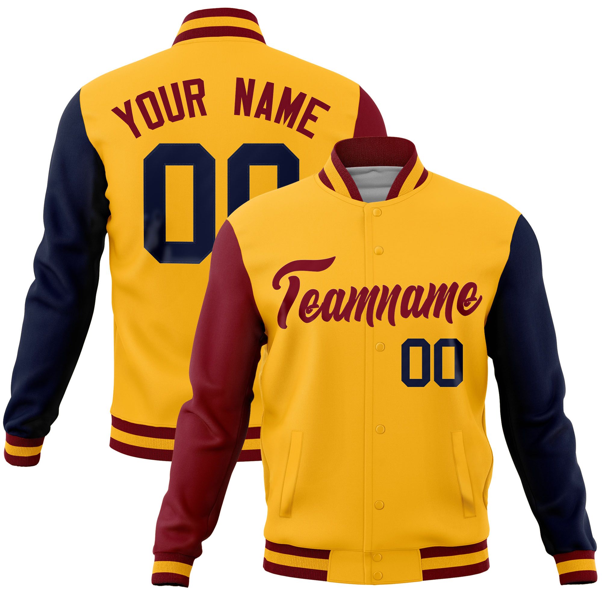 Custom Gold Navy-Crimson Raglan Sleeves Varsity Full-Snap Letterman Jacket