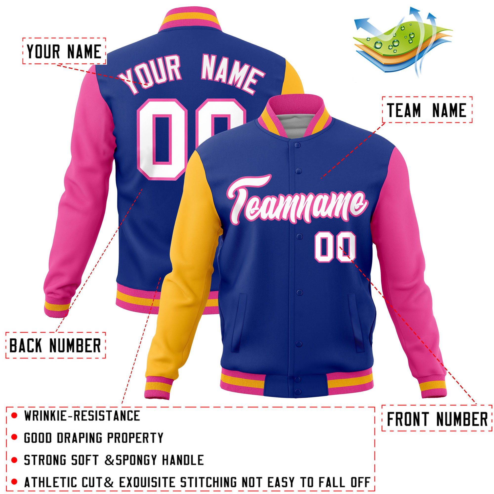 Custom Royal Pink-Gold Raglan Sleeves Varsity Full-Snap Letterman Jacket