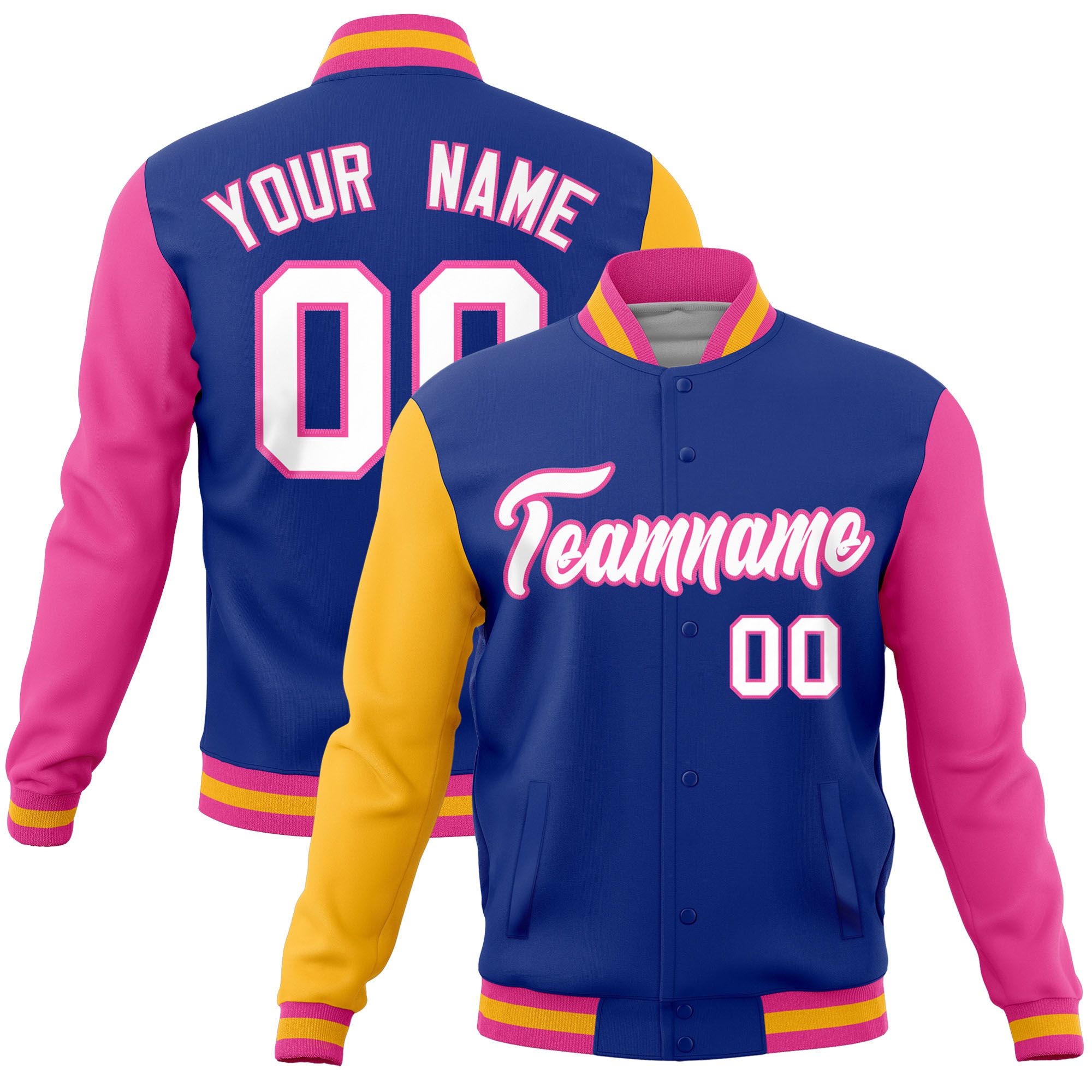 Custom Royal Pink-Gold Raglan Sleeves Varsity Full-Snap Letterman Jacket