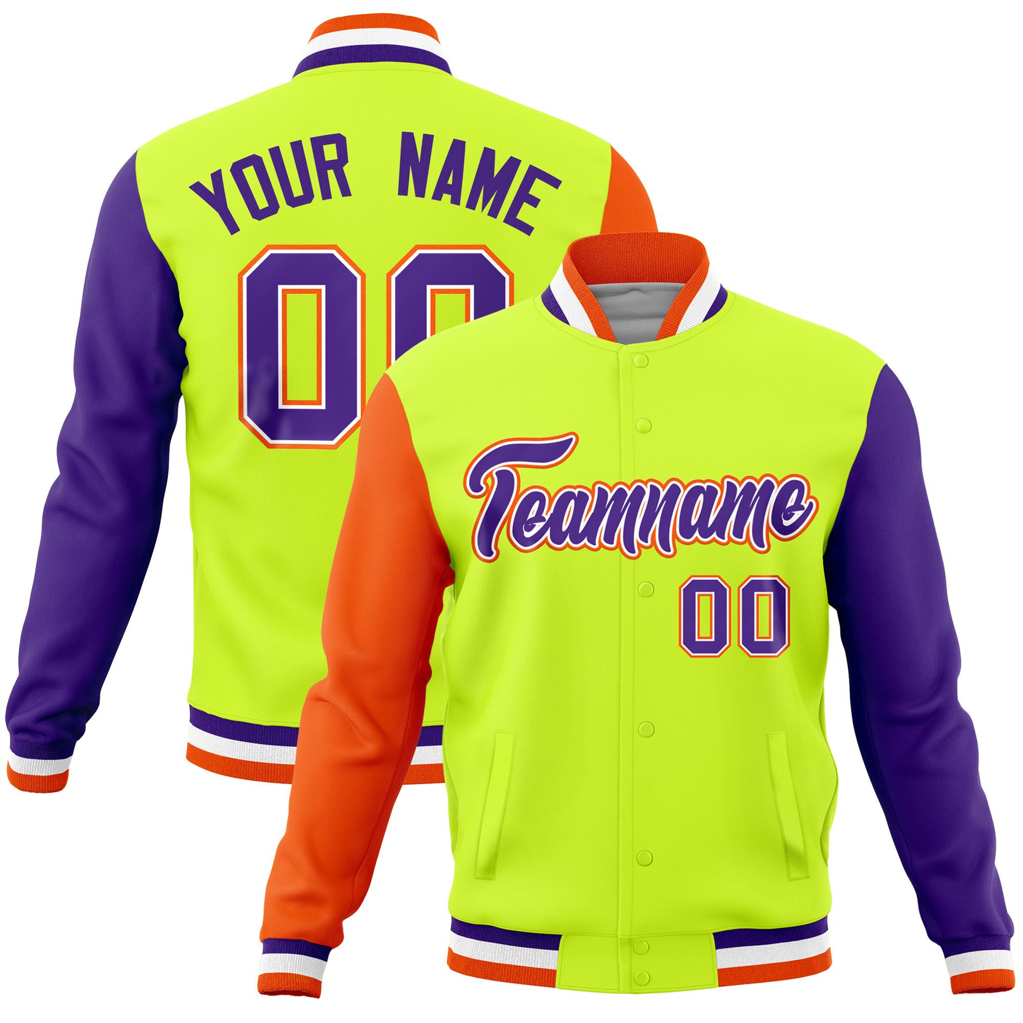 Custom Neon Green Purple-Orange Raglan Sleeves Varsity Full-Snap Letterman Jacket