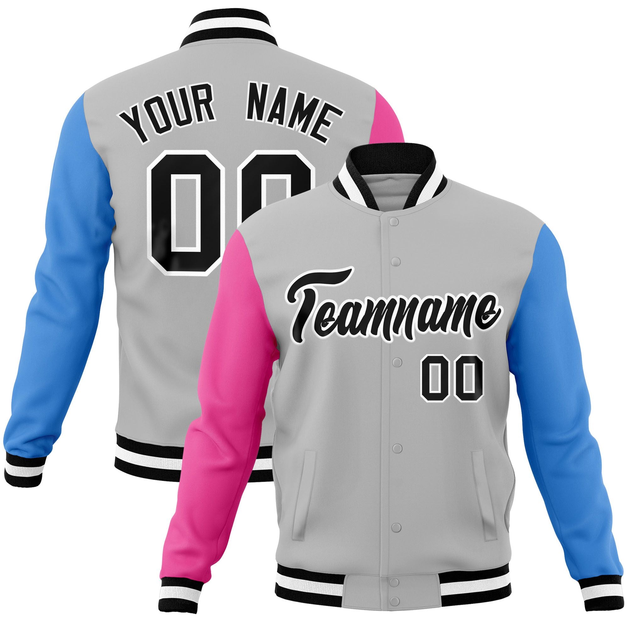 Custom Gray Pink-Powder Blue Raglan Sleeves Varsity Full-Snap Letterman Jacket