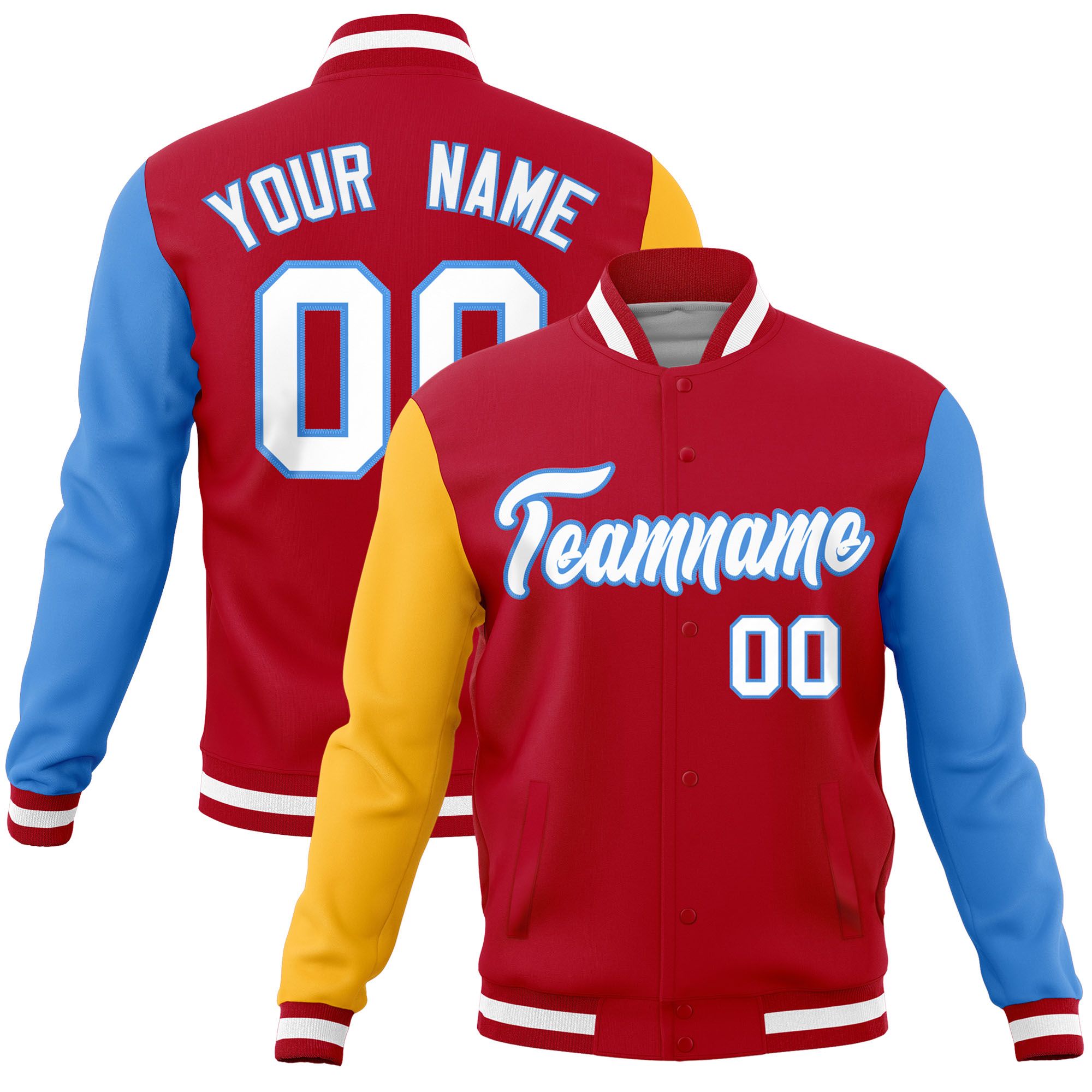 Custom Red Powder Blue-Gold Raglan Sleeves Varsity Full-Snap Letterman Jacket