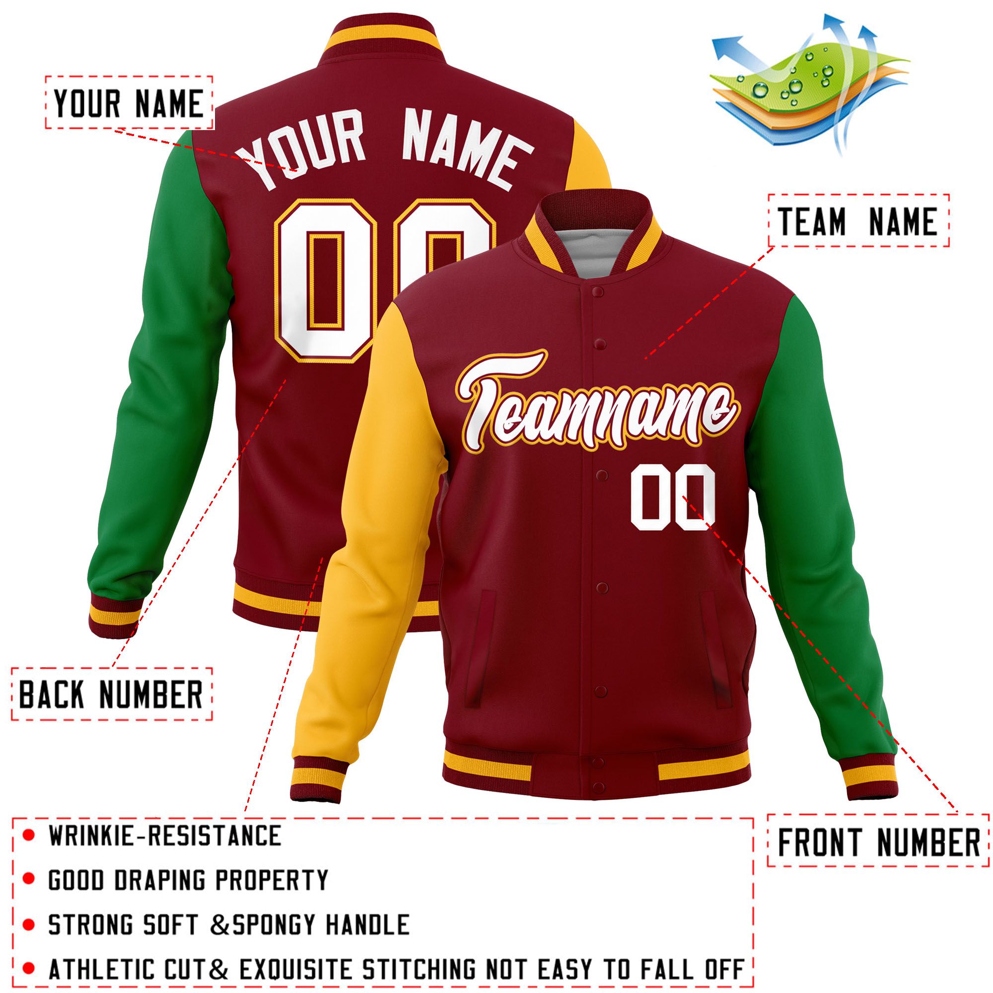 Custom Crimson Kelly Green-Gold Raglan Sleeves Varsity Full-Snap Letterman Jacket