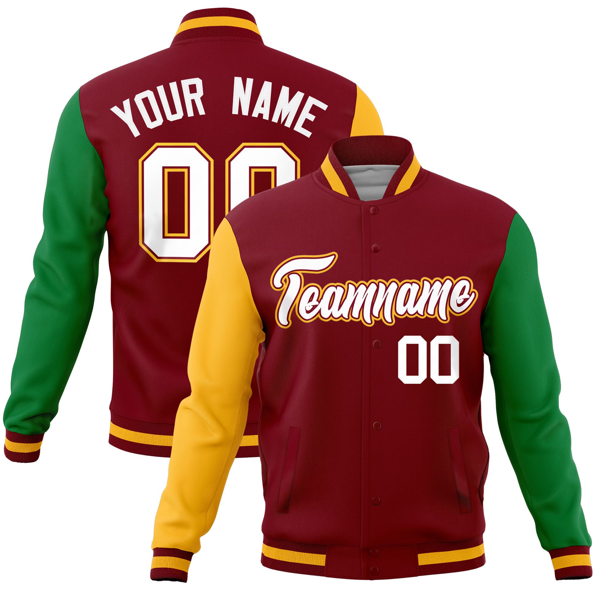 Custom Crimson Kelly Green-Gold Raglan Sleeves Varsity Full-Snap Letterman Jacket