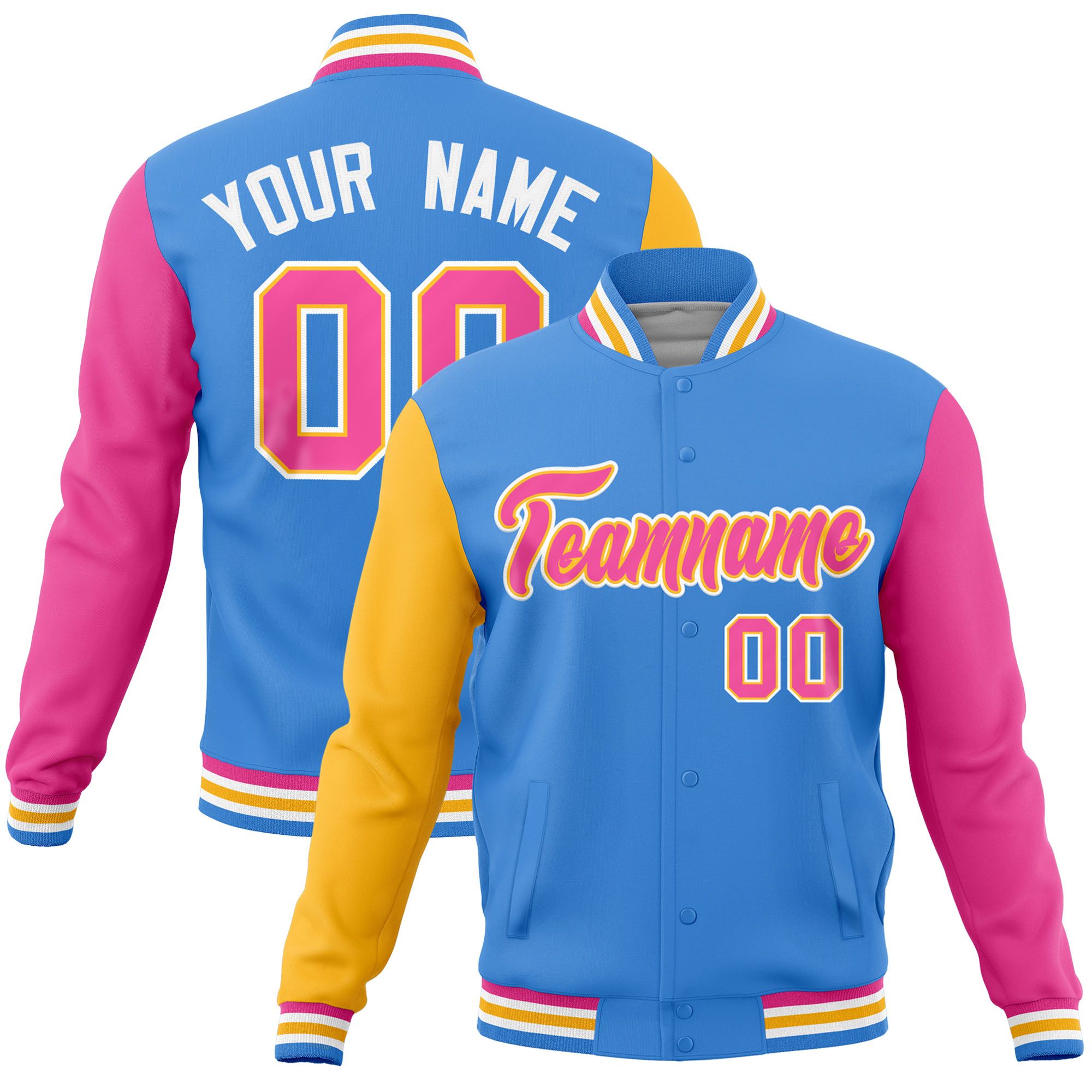 Custom Powder Blue Pink-Gold Raglan Sleeves Varsity Full-Snap Letterman Jacket