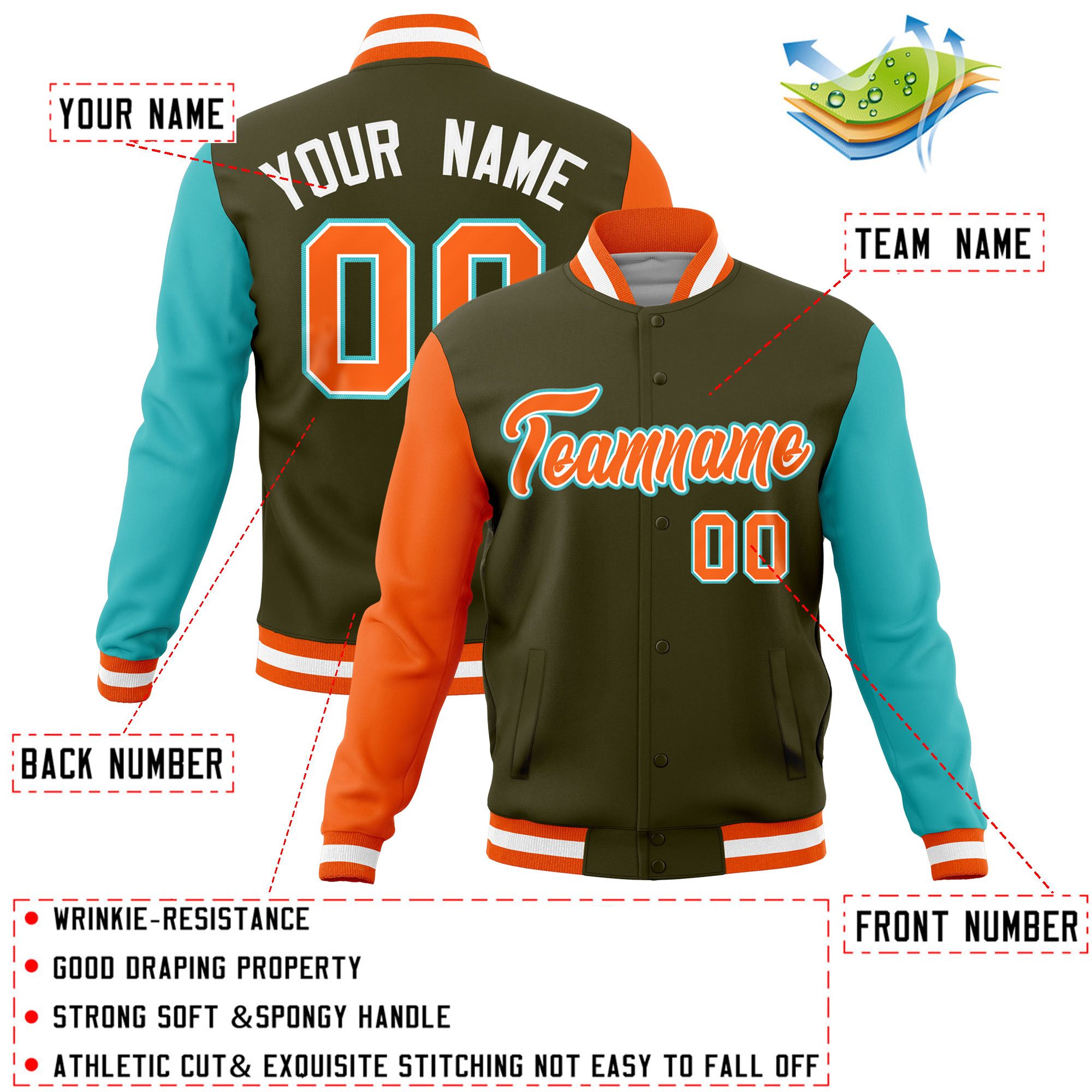 Custom Olive Bright Green-Orange Raglan Sleeves Varsity Full-Snap Letterman Jacket