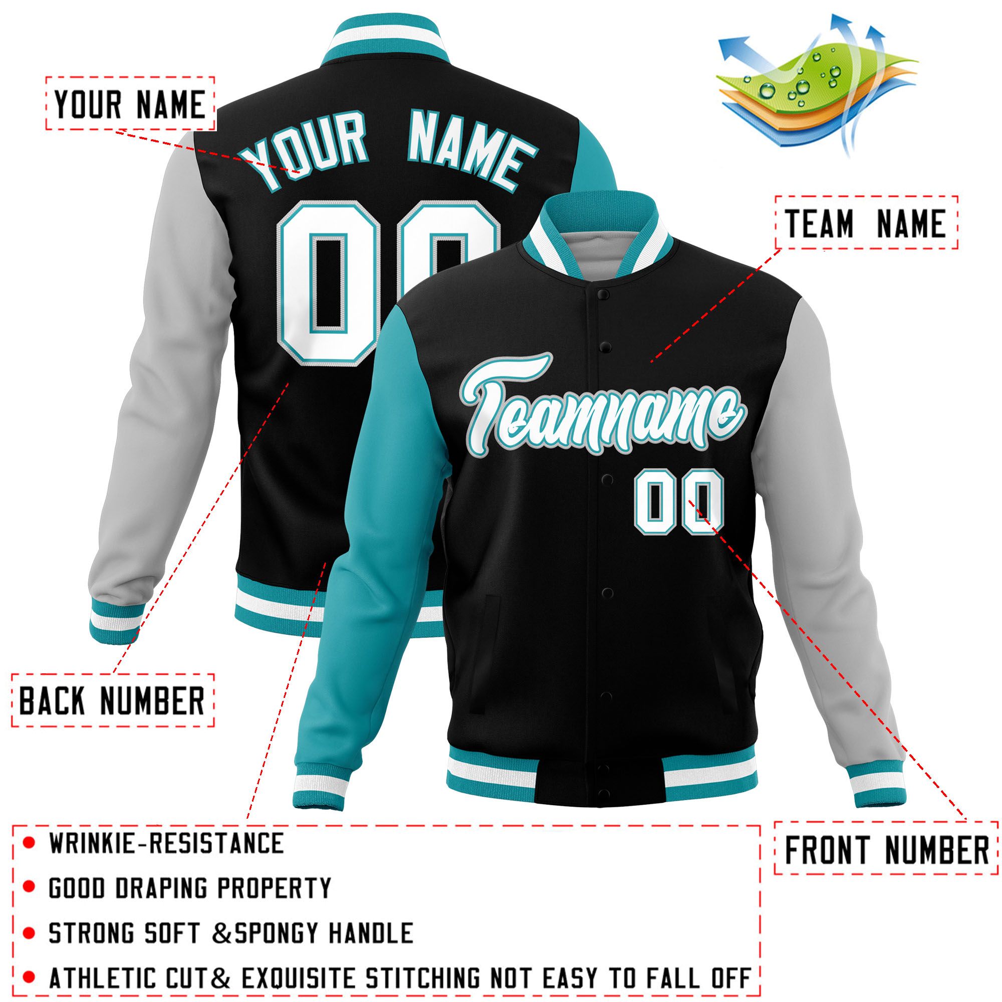 Custom Black Gray-Aqua Raglan Sleeves Varsity Full-Snap Letterman Jacket