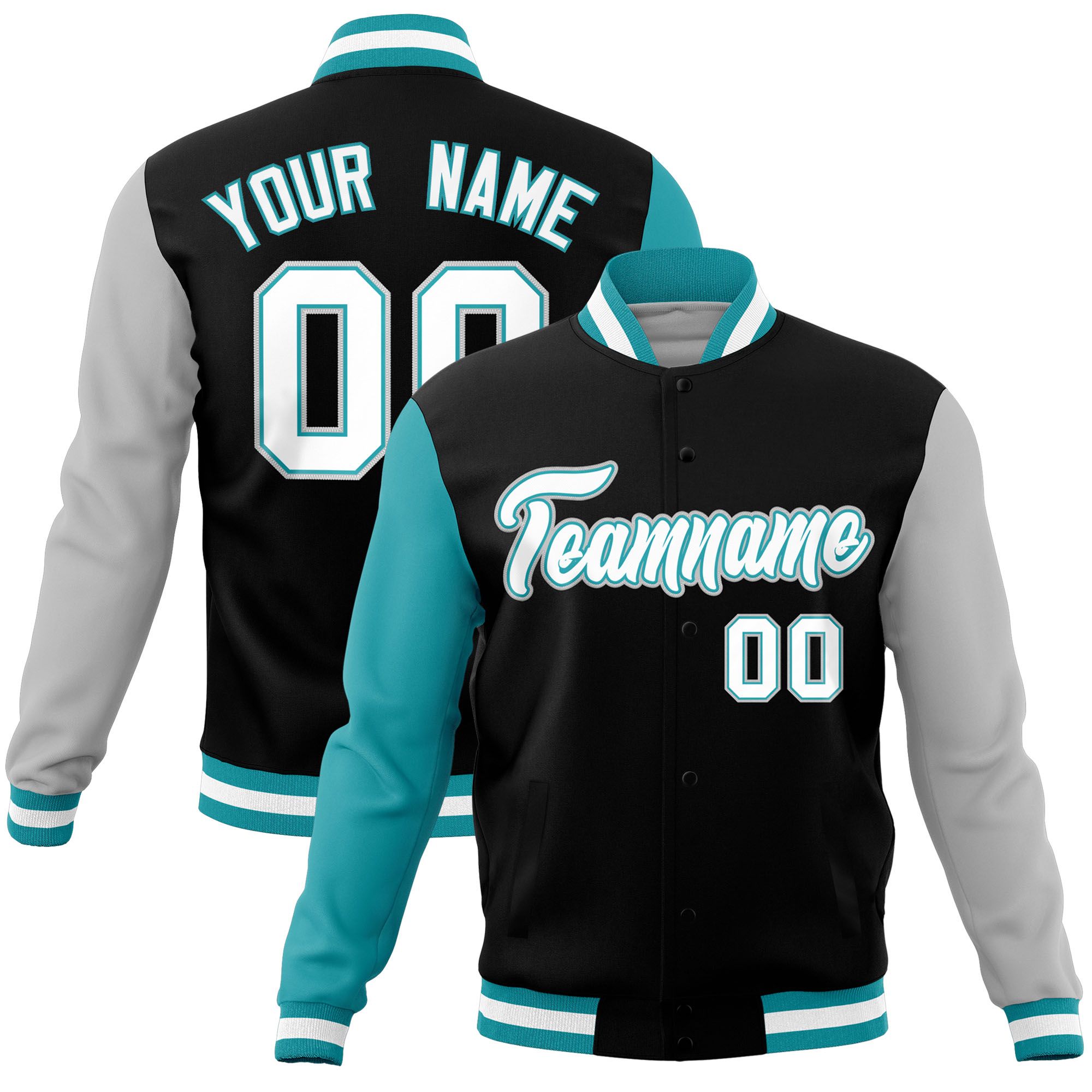 Custom Black Gray-Aqua Raglan Sleeves Varsity Full-Snap Letterman Jacket