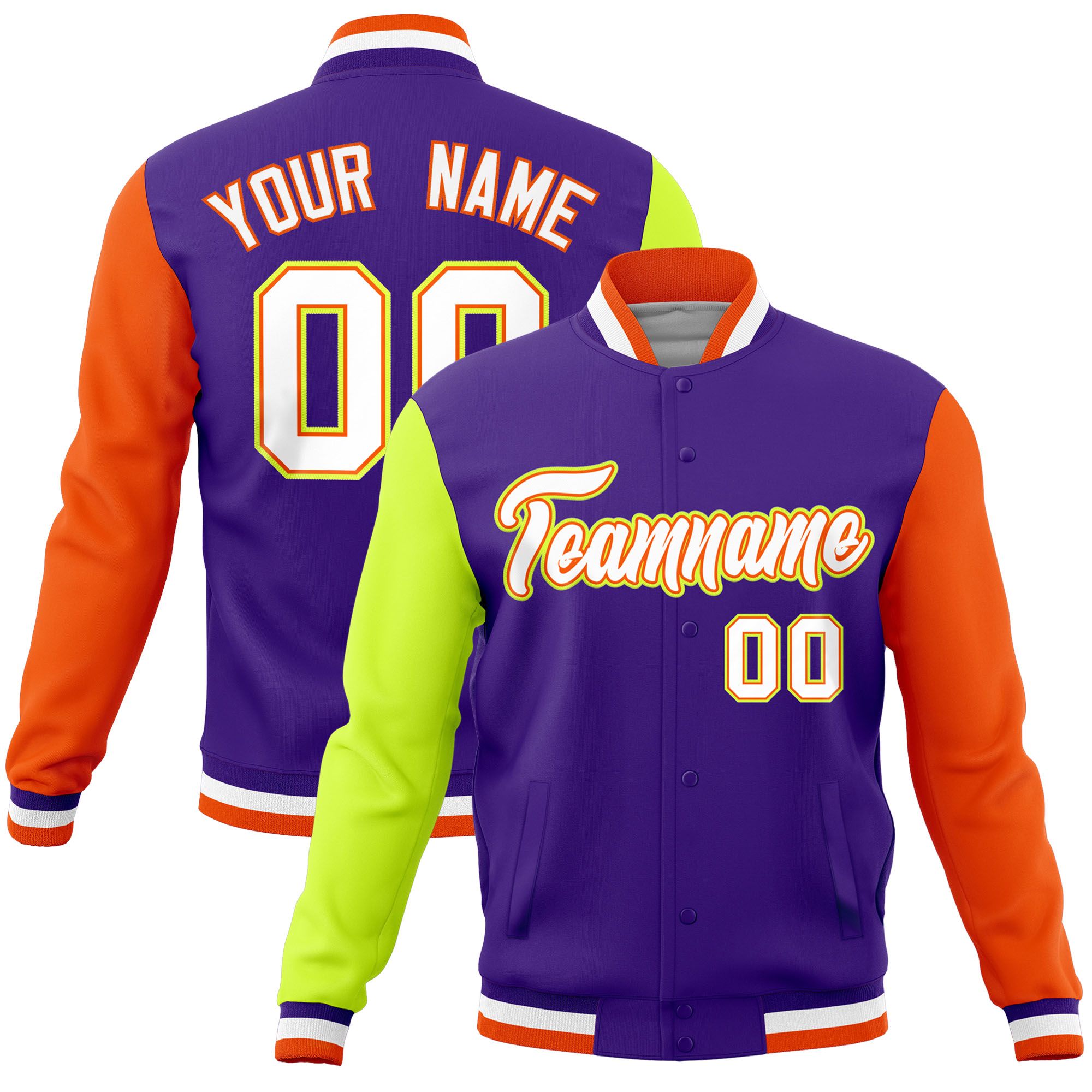 Custom Purple Orange-Neon Green Raglan Sleeves Varsity Full-Snap Letterman Jacket