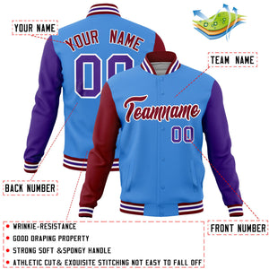 Custom Powder Blue Purple-Crimson Raglan Sleeves Varsity Full-Snap Letterman Jacket