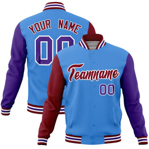 Custom Powder Blue Purple-Crimson Raglan Sleeves Varsity Full-Snap Letterman Jacket