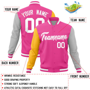 Custom Pink Gray-Gold Raglan Sleeves Varsity Full-Snap Letterman Jacket