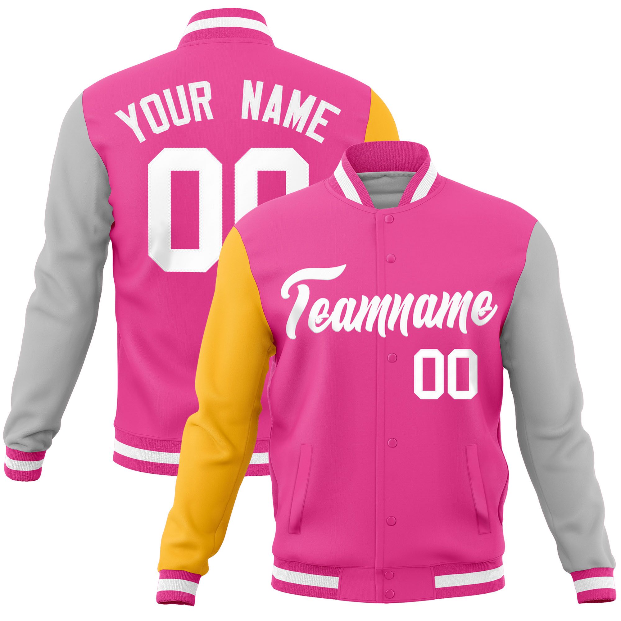 Custom Pink Gray-Gold Raglan Sleeves Varsity Full-Snap Letterman Jacket