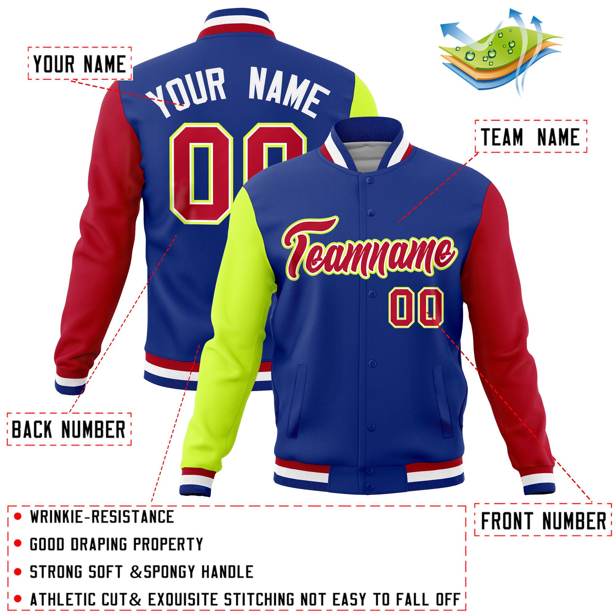 Custom Royal Red-Neon Green Raglan Sleeves Varsity Full-Snap Letterman Jacket