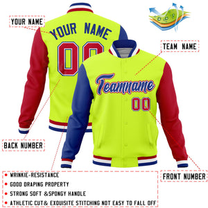 Custom Neon Green Red-Royal Raglan Sleeves Varsity Full-Snap Letterman Jacket