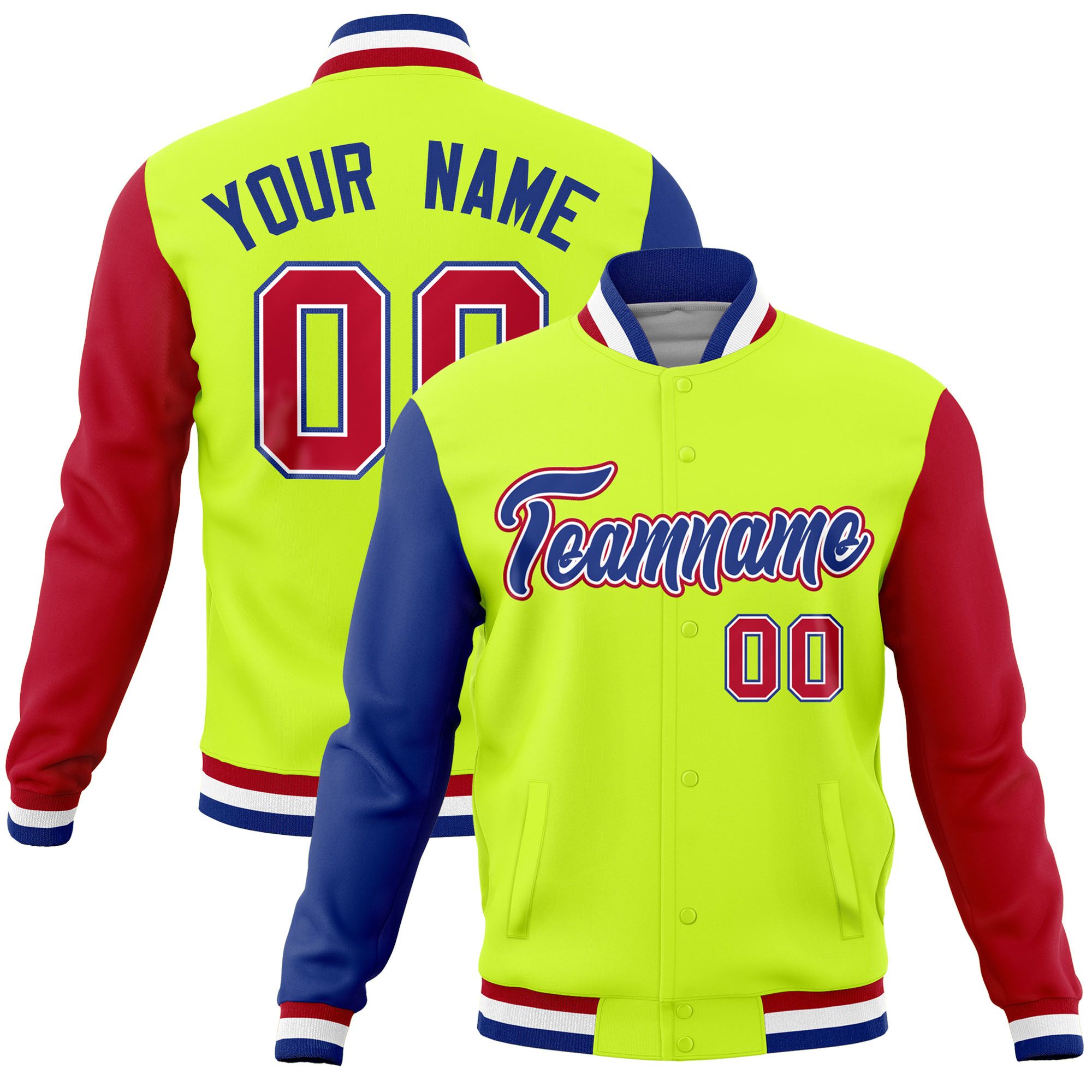 Custom Neon Green Red-Royal Raglan Sleeves Varsity Full-Snap Letterman Jacket