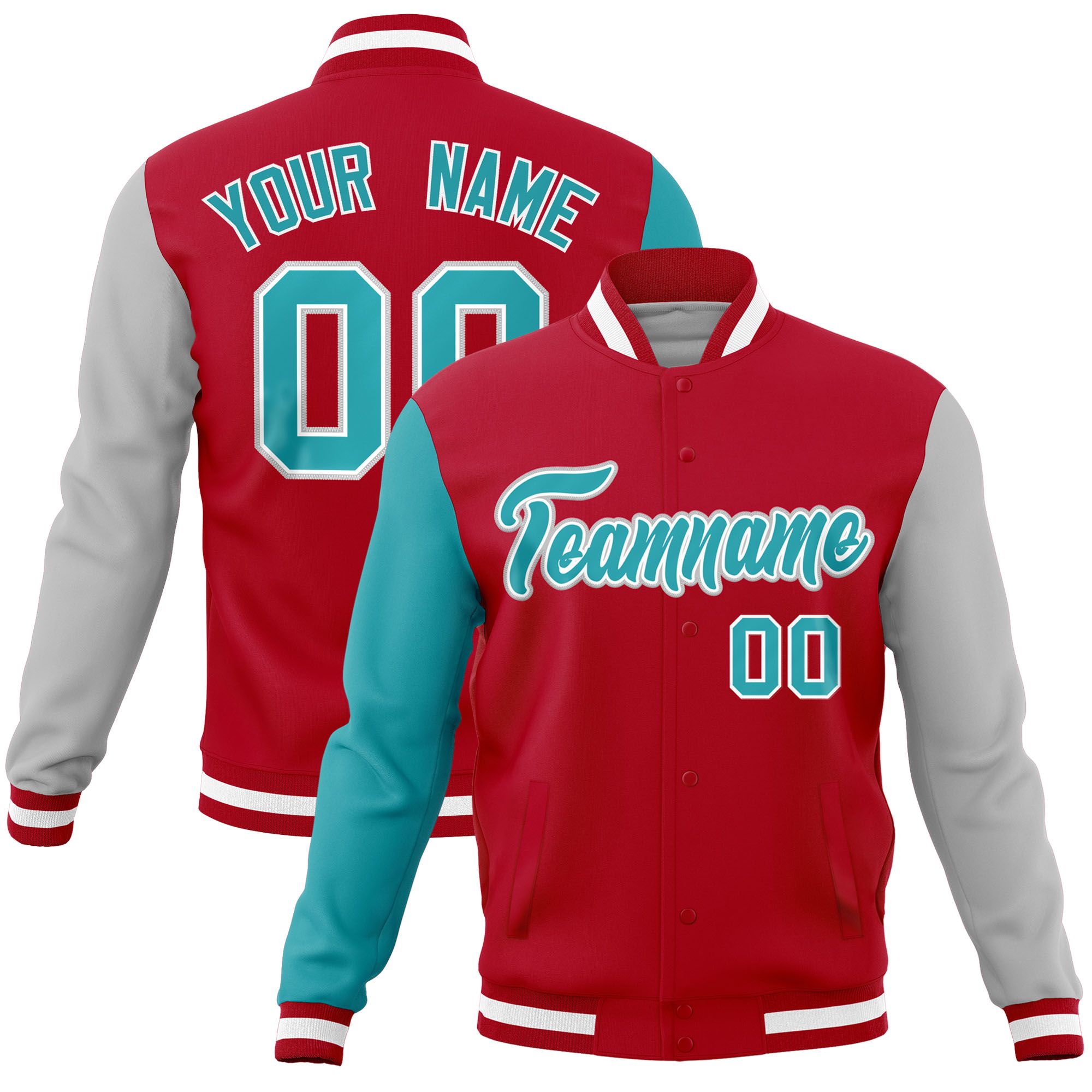 Custom Red Gray-Aqua Raglan Sleeves Varsity Full-Snap Letterman Jacket