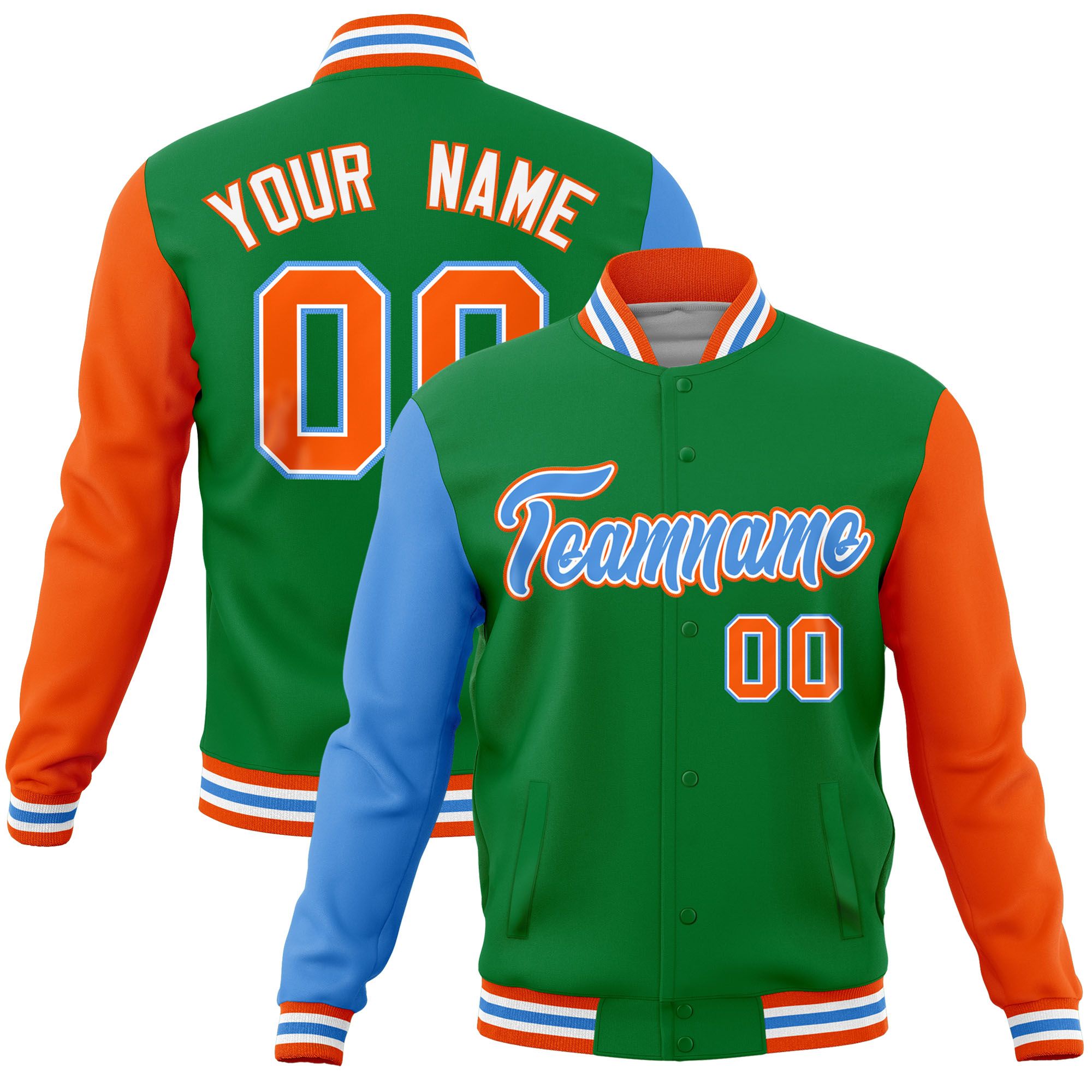 Custom Kelly Green Orange-Powder Blue Raglan Sleeves Varsity Full-Snap Letterman Jacket