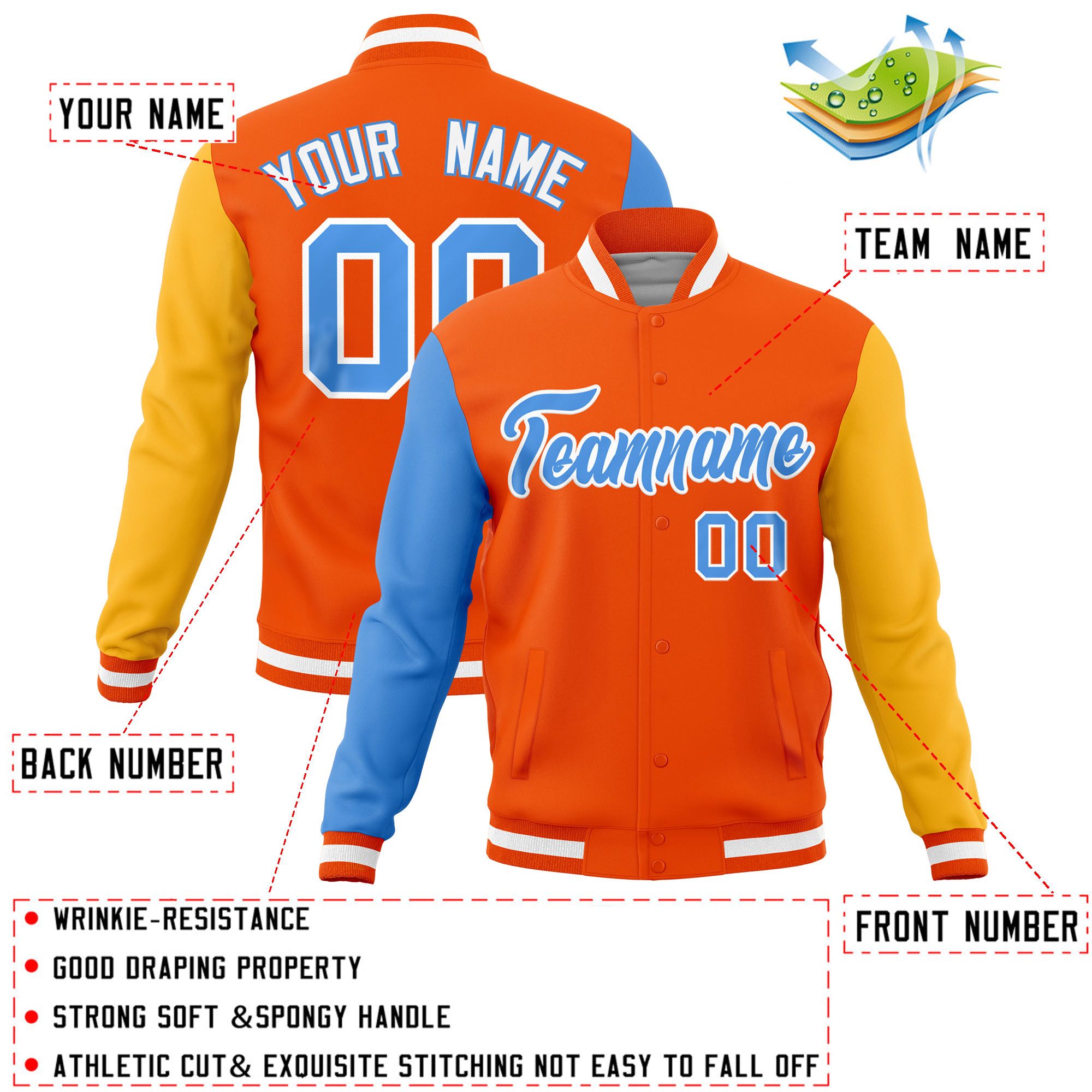 Custom Orange Gold-Powder Blue Raglan Sleeves Varsity Full-Snap Letterman Jacket