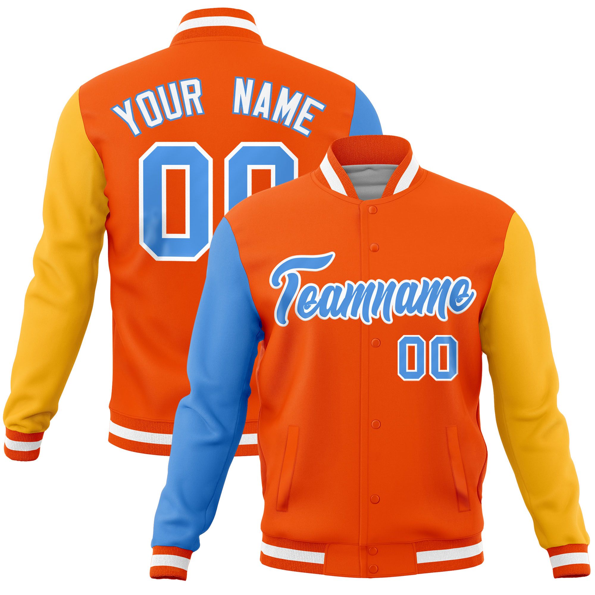 Custom Orange Gold-Powder Blue Raglan Sleeves Varsity Full-Snap Letterman Jacket