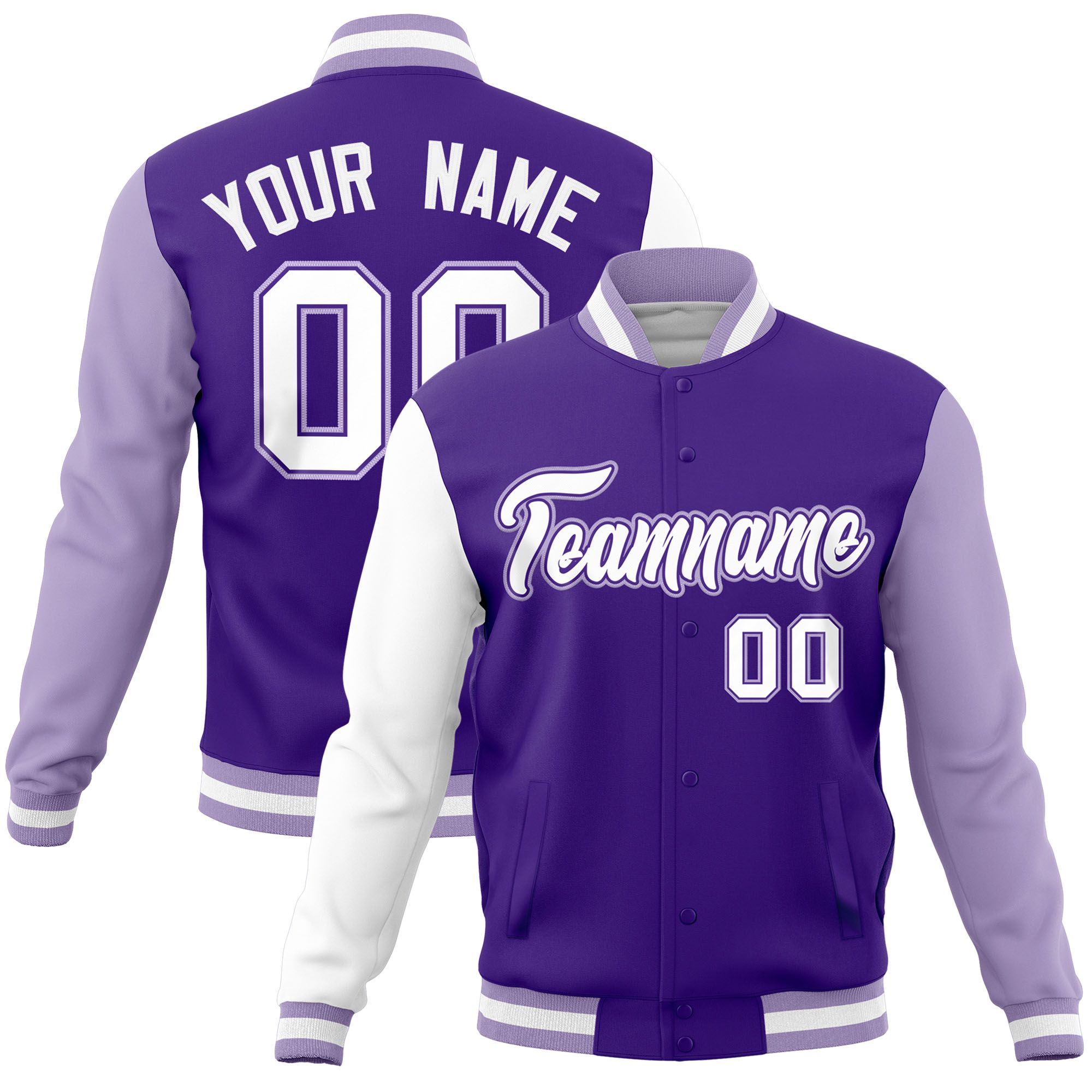 Custom Purple Light Purple-White Raglan Sleeves Varsity Full-Snap Letterman Jacket