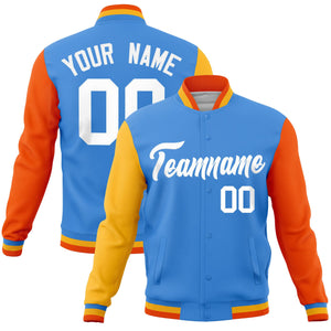 Custom Powder Blue Orange-Gold Raglan Sleeves Varsity Full-Snap Letterman Jacket