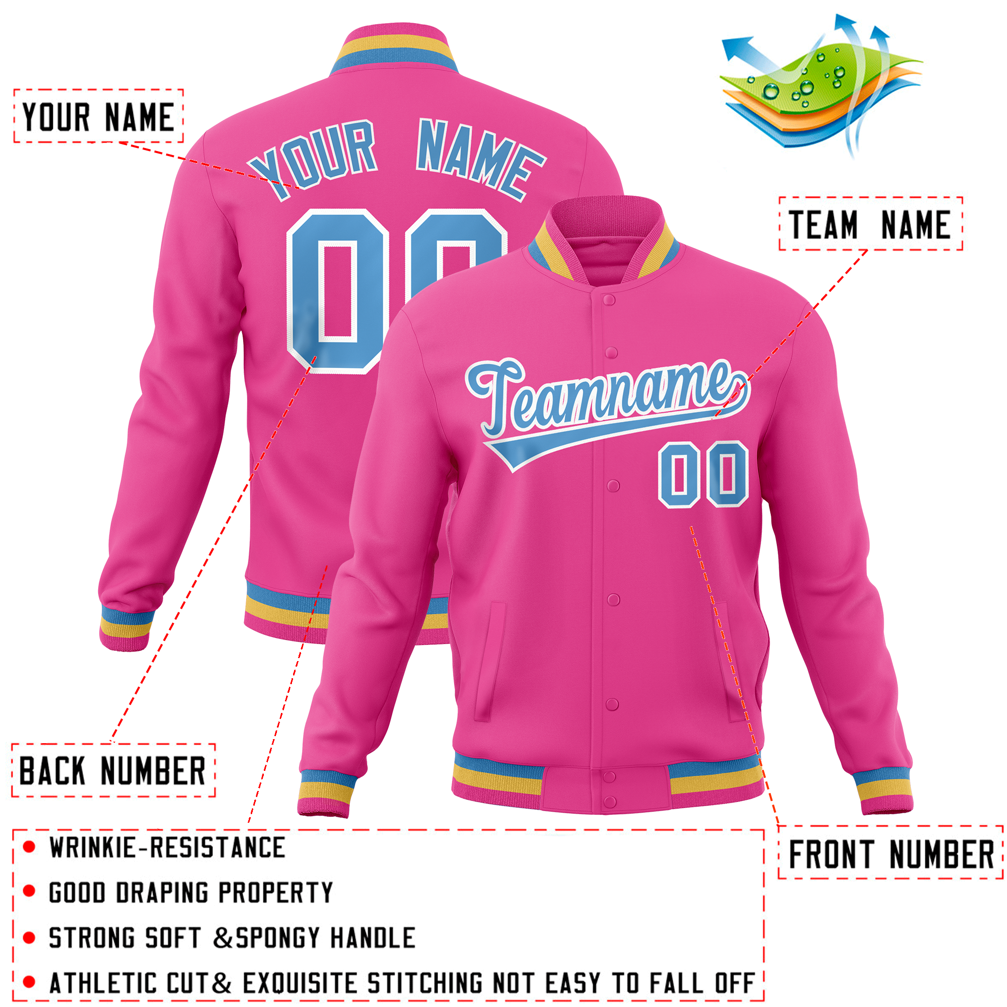 Custom Pink Classic Style Varsity Full-Snap Letterman Baseball Jersey