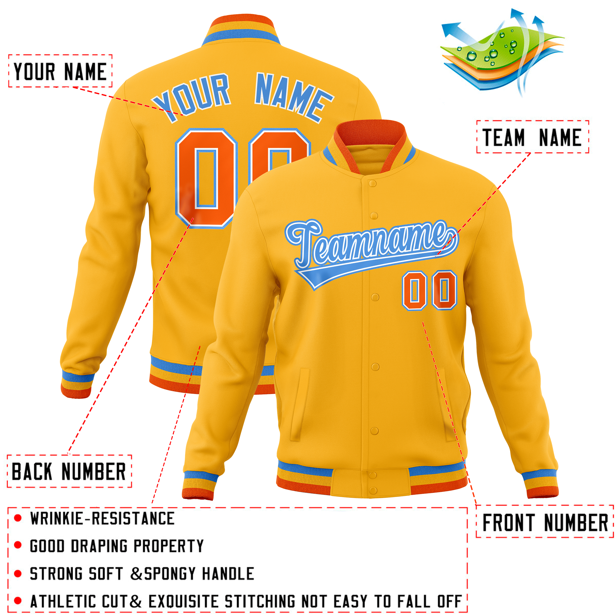 Custom Gold Classic Style Varsity Full-Snap Letterman Baseball Jersey