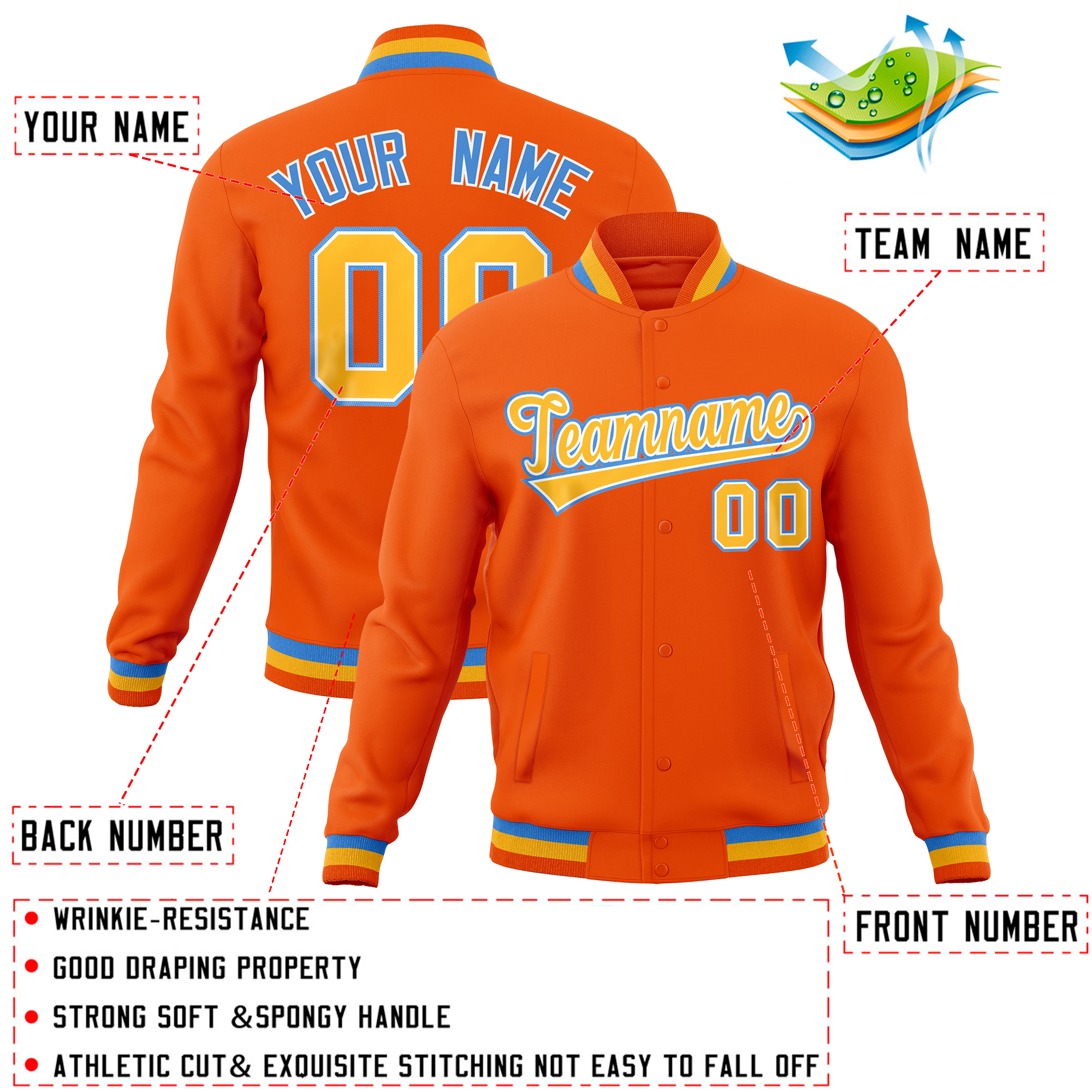 Custom Orange Classic Style Varsity Full-Snap Letterman Baseball Jersey