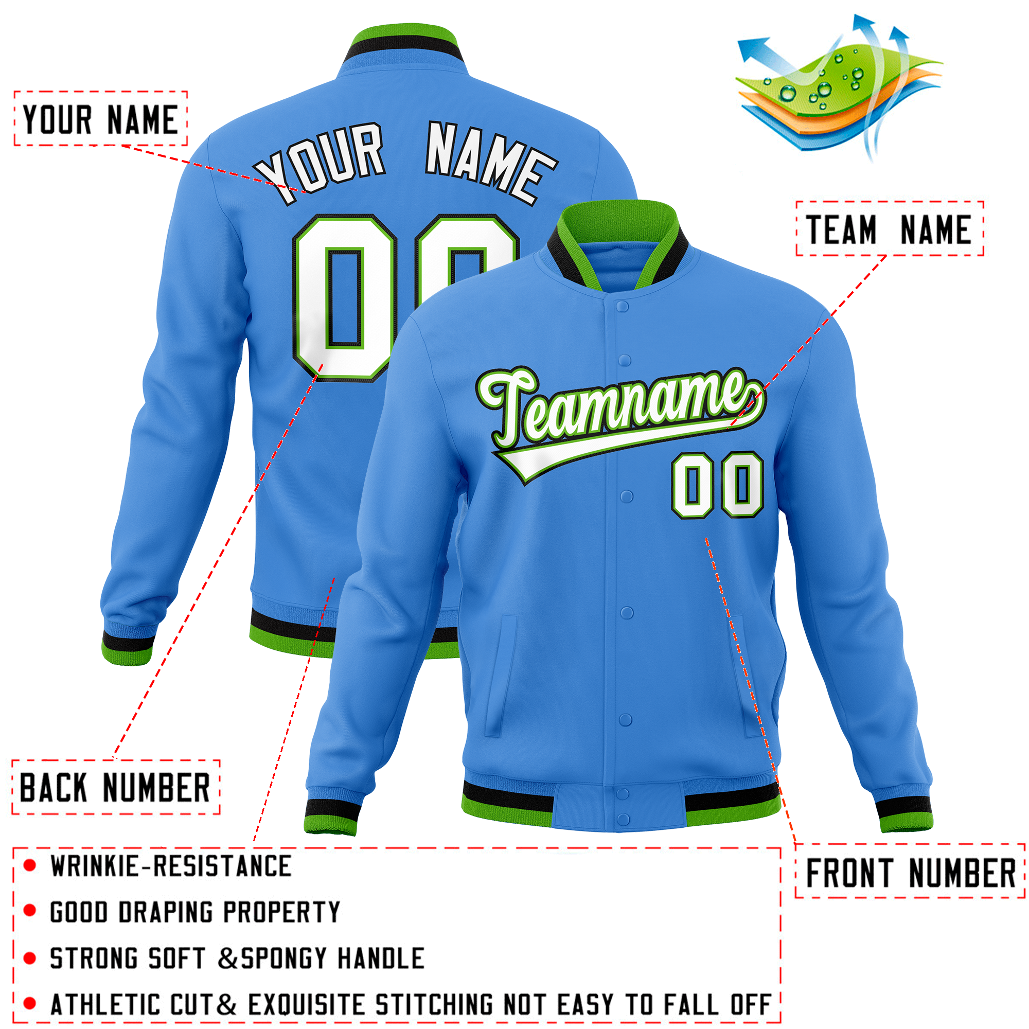 Custom Powder Blue Classic Style Varsity Full-Snap Letterman Baseball Jersey