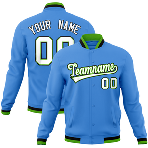 Custom Powder Blue Classic Style Varsity Full-Snap Letterman Baseball Jersey