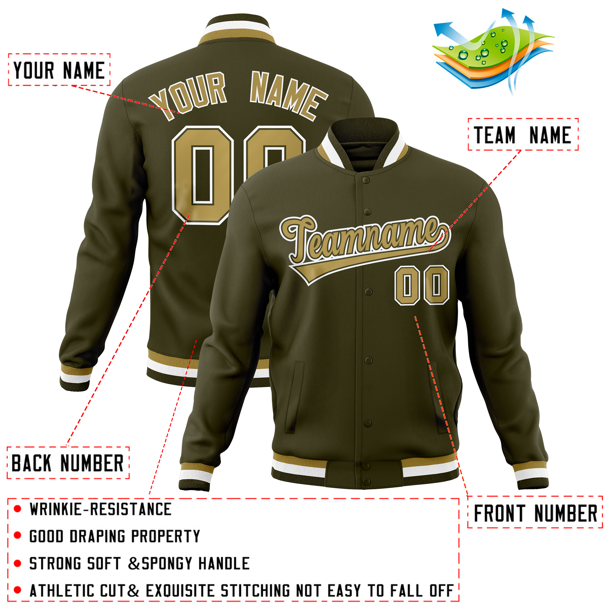 Custom Olive Classic Style Varsity Full-Snap Letterman Baseball Jersey