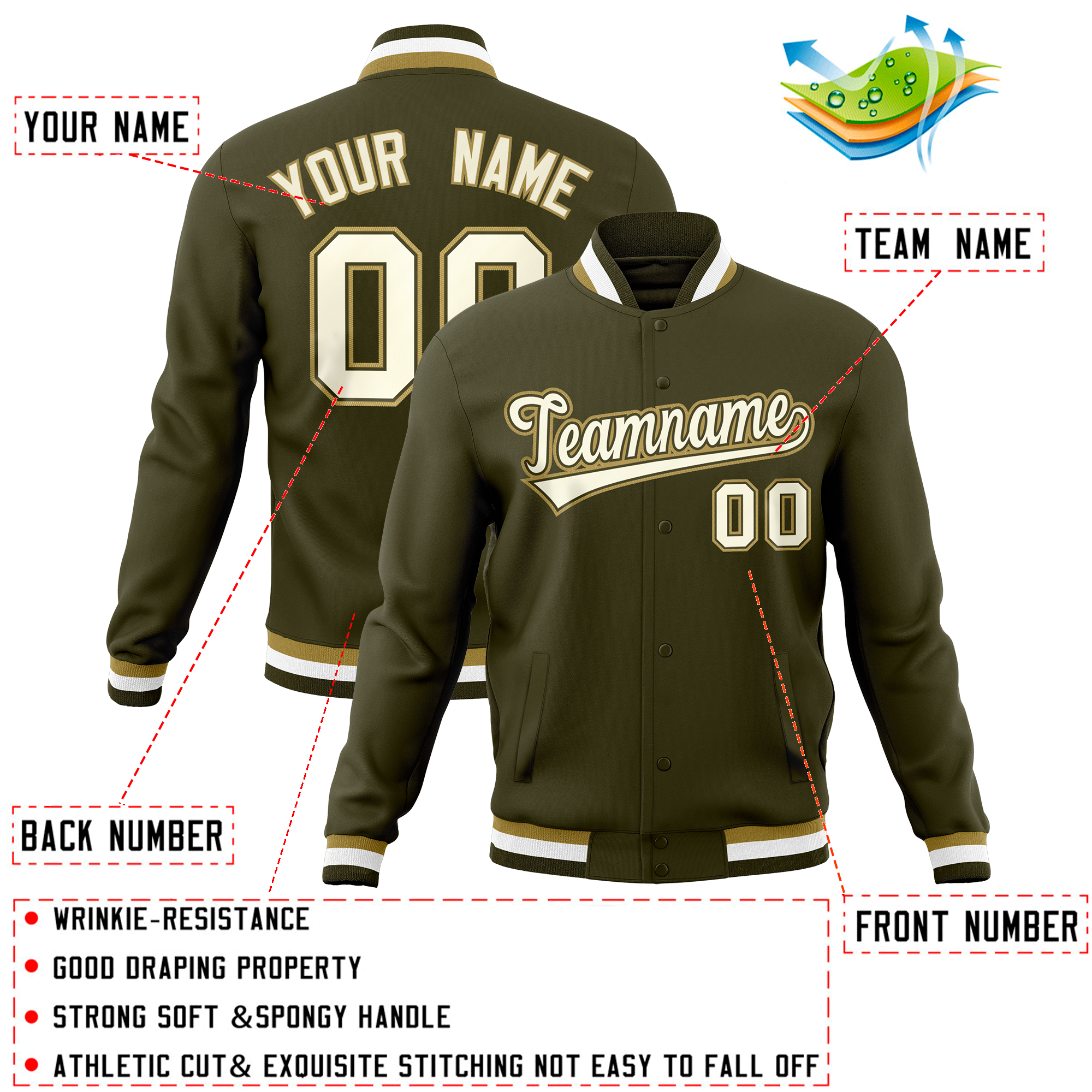 Custom Olive Classic Style Varsity Full-Snap Letterman Baseball Jersey