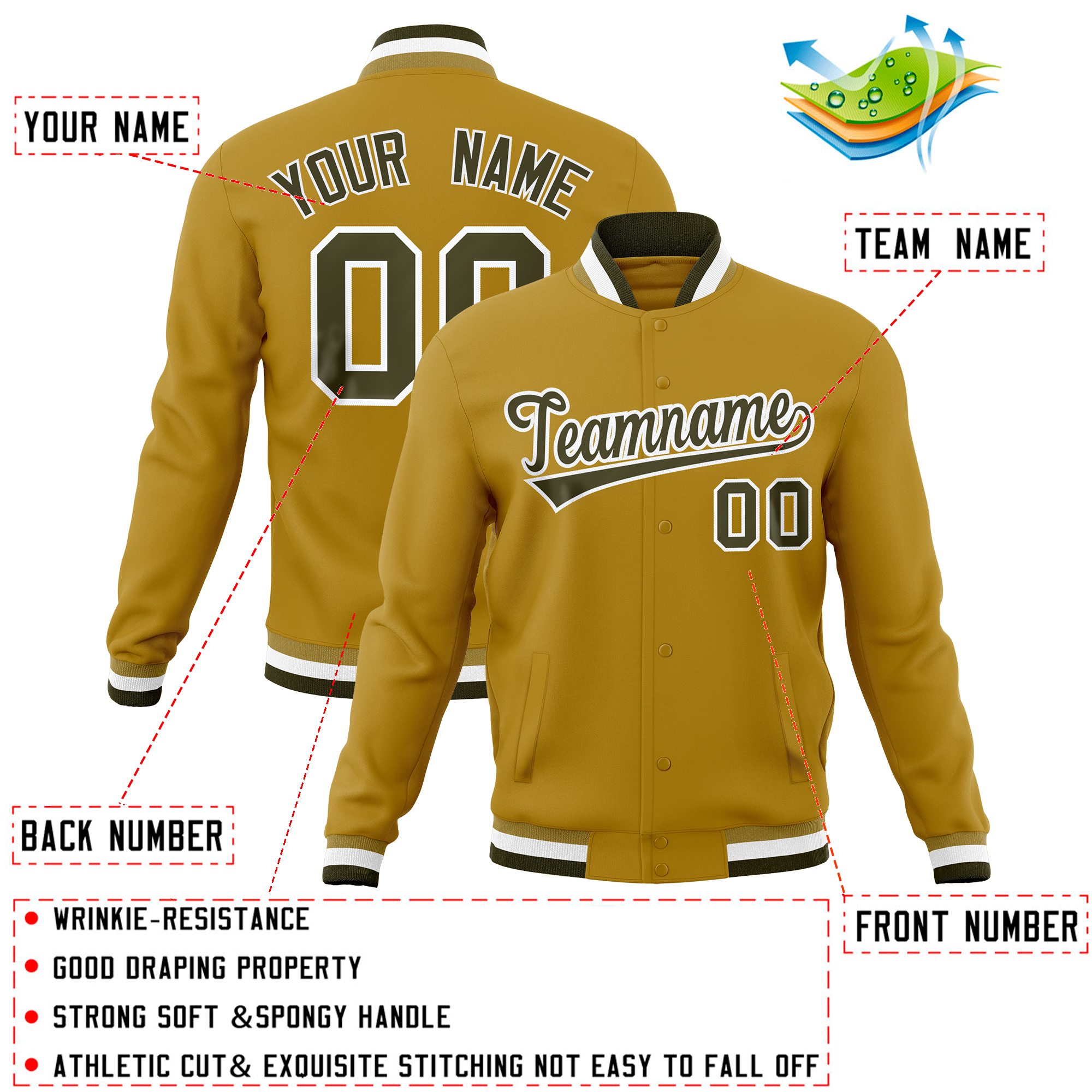 Custom Old Gold Classic Style Varsity Full-Snap Letterman Baseball Jersey