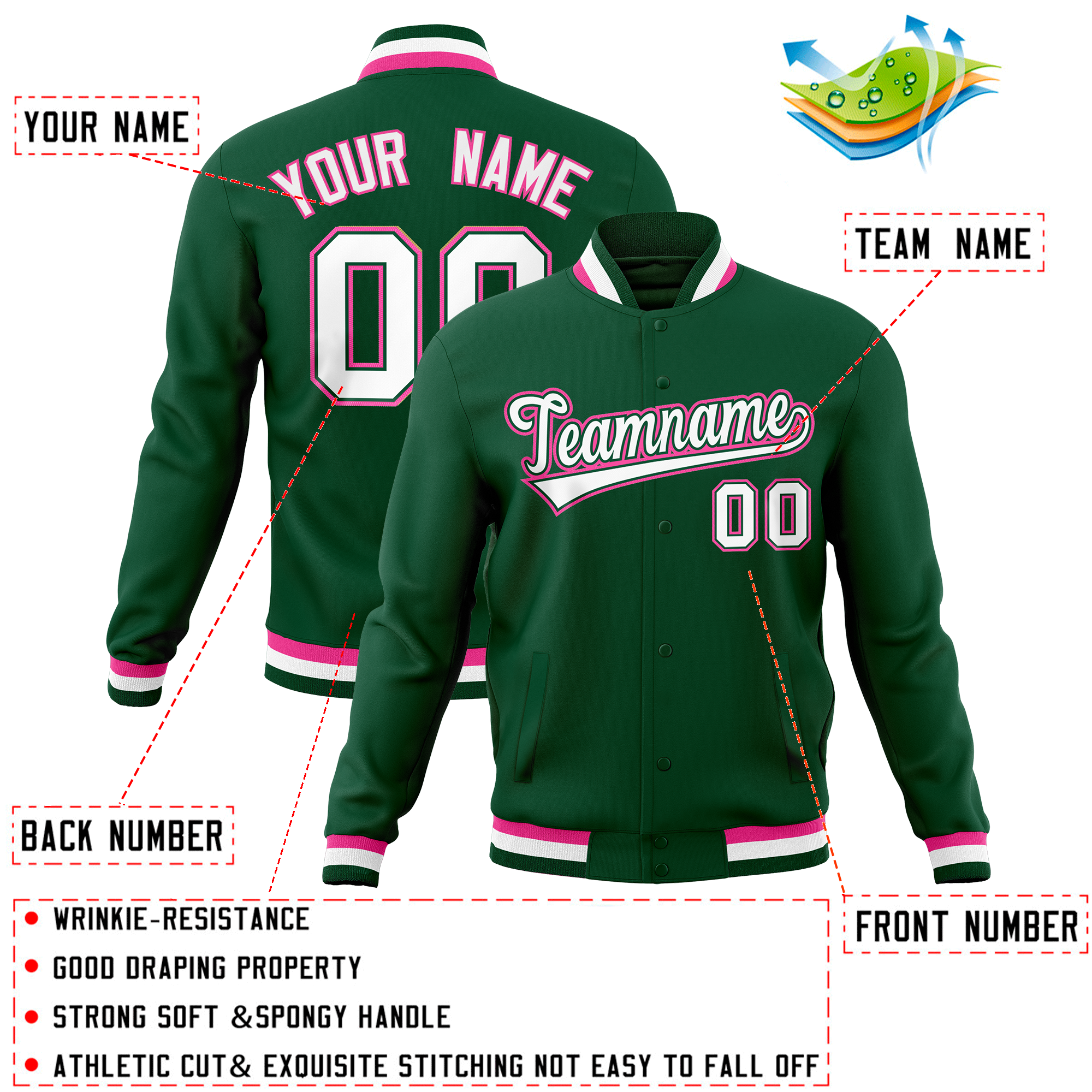 Custom Green Classic Style Varsity Full-Snap Letterman Baseball Jersey