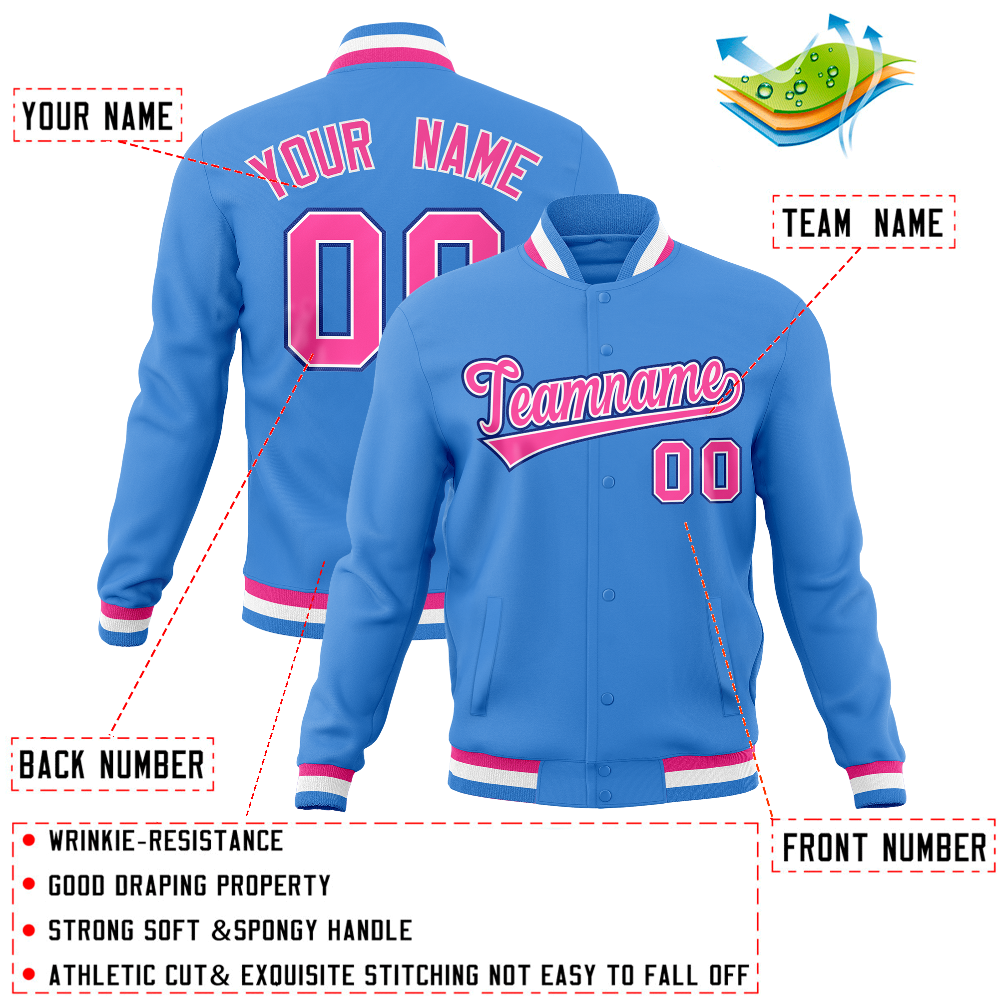 Custom Powder Blue Classic Style Varsity Full-Snap Letterman Baseball Jersey